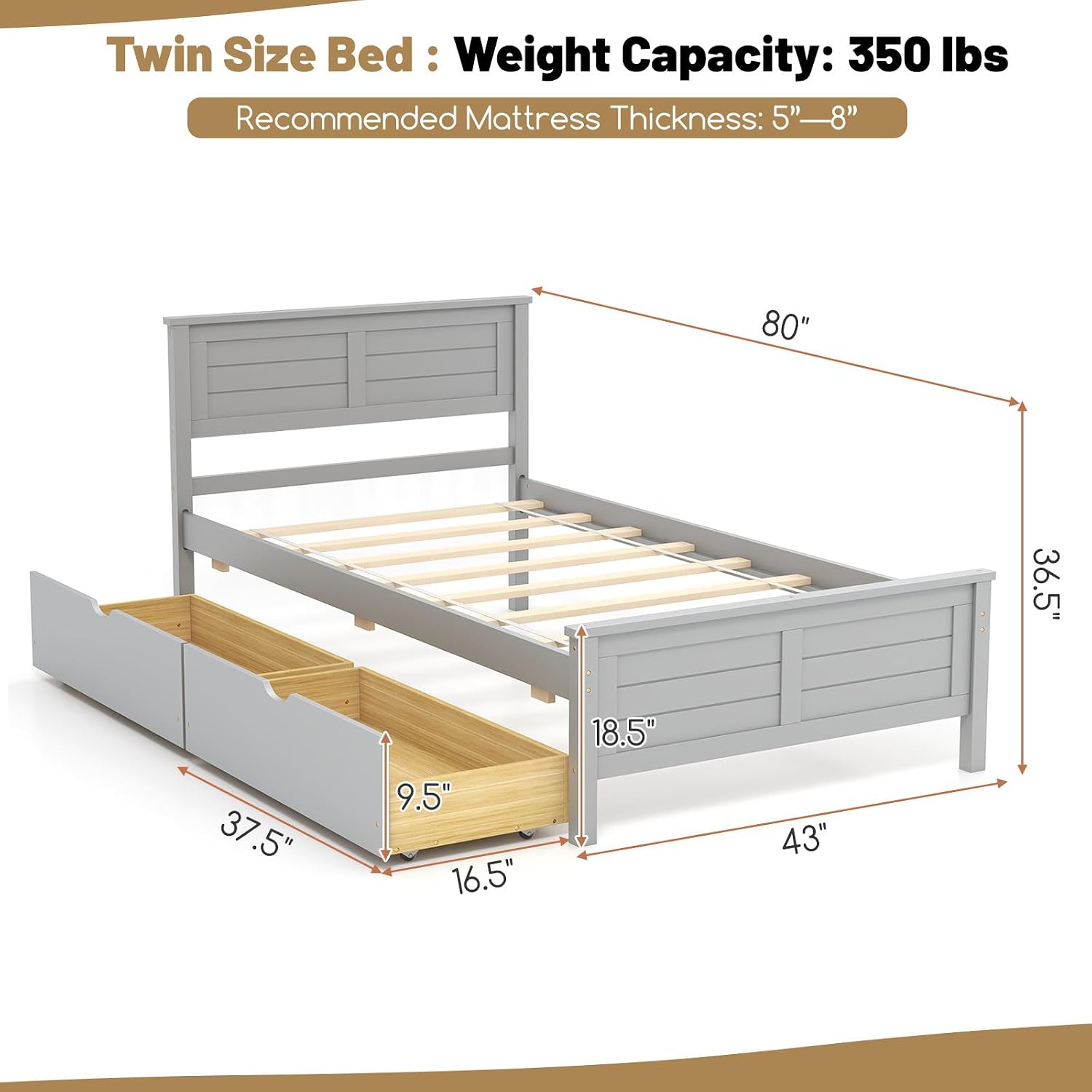 GOFLAME Twin Size Bed Frame with 2 Drawers, Platform Bed with Solid Wood Headboard & Footboard, Wood Slats Support Mattress Foundation, Under Bed Storage, No Box Spring Needed, Easy Assembly, Grey