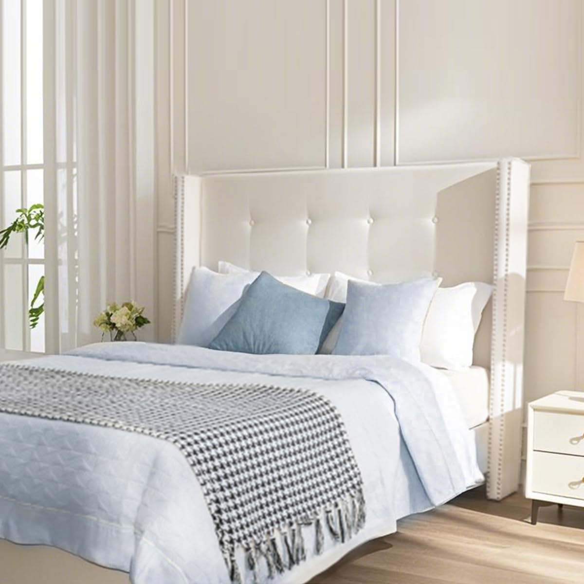 King Size Bed Frame,54'High Headboard Button Tufted Nailhead Trimmed Backrest Headboard,Velvet Metal Upholstered Platform Bed Frame,Wooden Slats Provide Strong Support,No Springs Required