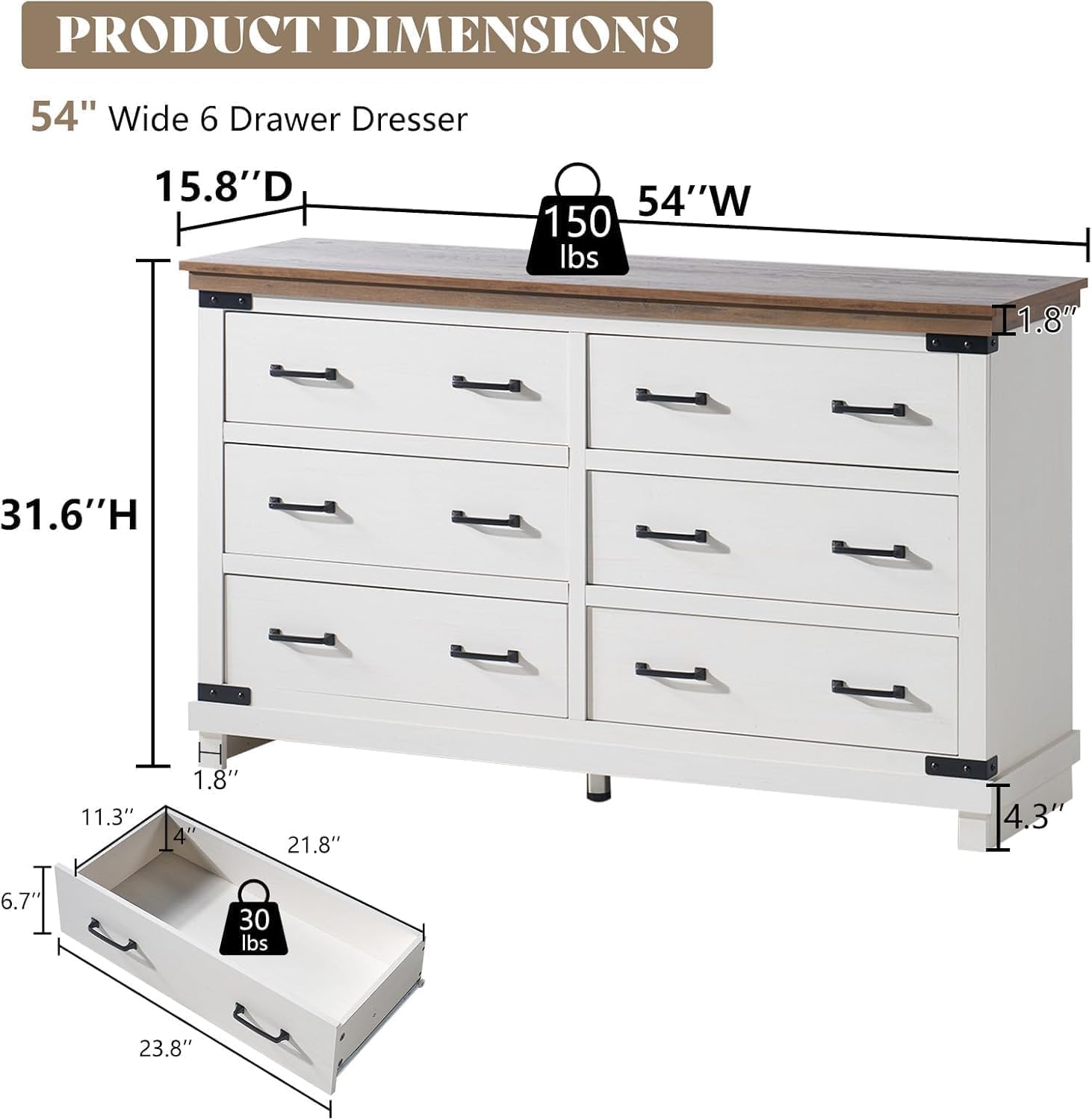 AMERLIFE Farmhouse 2-Pieces Wood Bedroom Set, Including Rustic King Size Bed Frame with 51' Tall Headboard, 6 Drawers Large Dresser Chests, Heavy-Duty Thick Plank Styling, Antique White