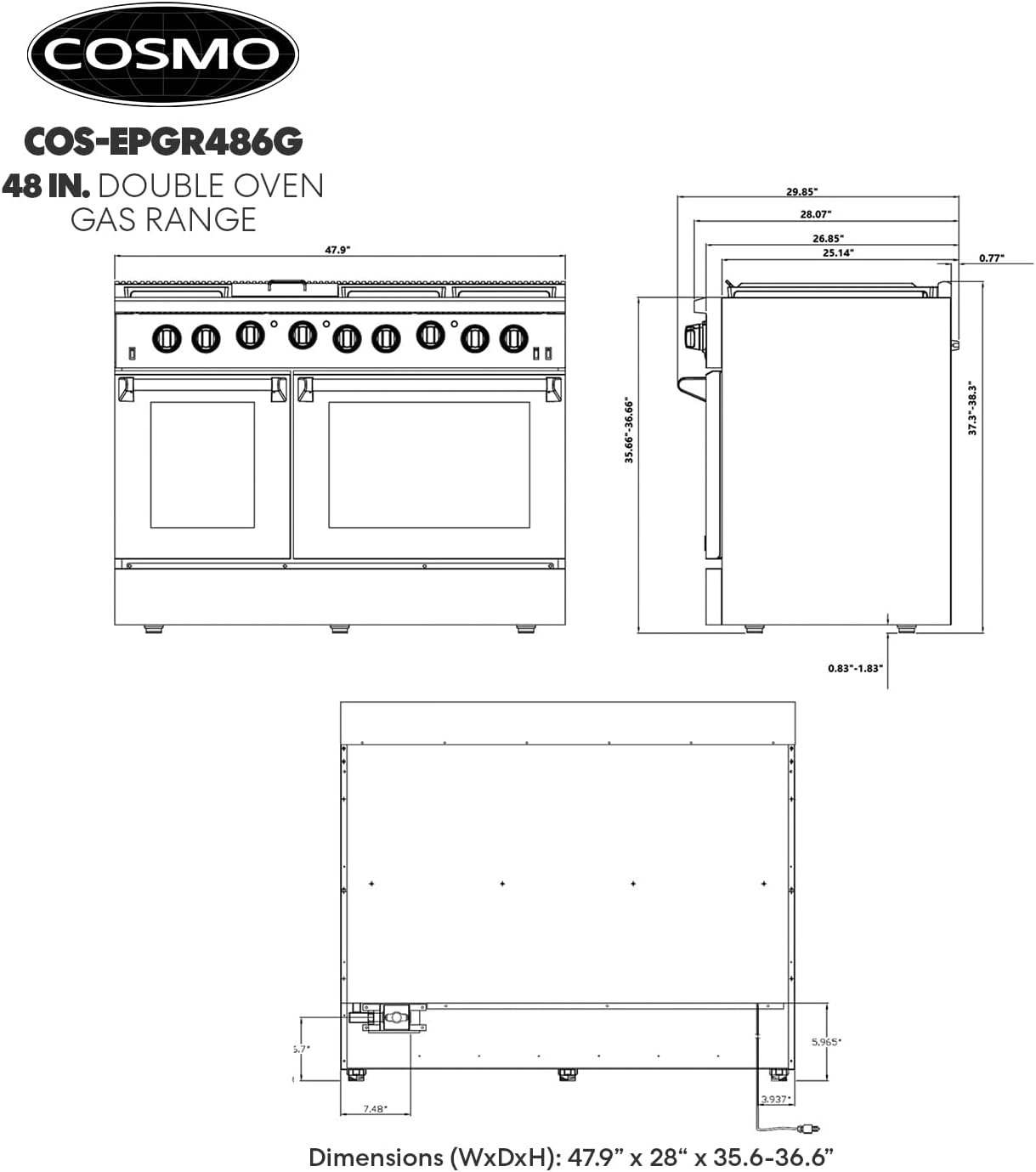 COSMO COS-EPGR486G 48 in. Haven Collection 7 cu. ft. Double Oven Gas Range, 6 Burners, Griddle, Convection, Knob LEDs, Stainless Steel