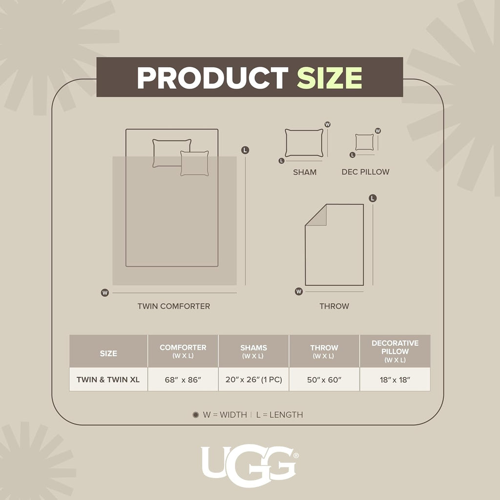 UGG Remina Twin Comforter Set 4 Piece Bed in a Bag with Throw Blanket, Decorative Pillow Sham and Reversible Comforter Hypoallergenic Washable College Dorm Bedding, Twin XL, Brown Birch