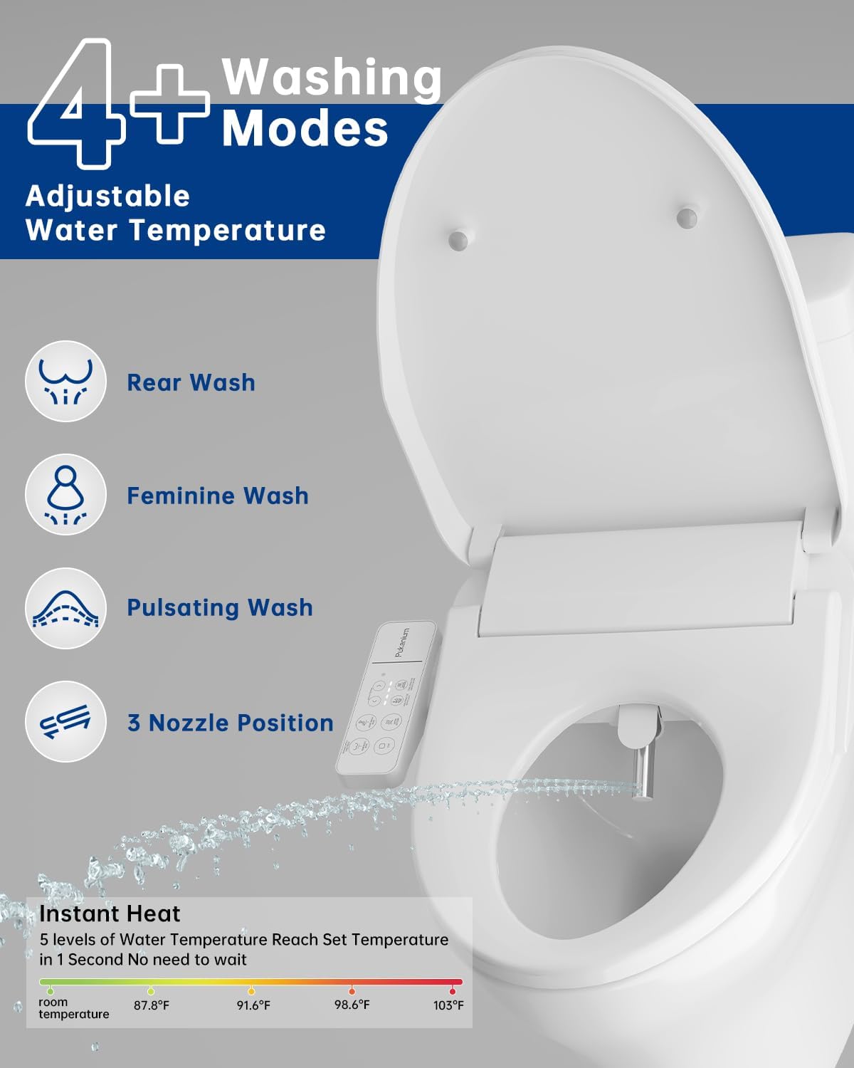 Heated Smart Toilet Seat with Feminine Wash & Dryer, Elongated Bidet with Adjustable Water Temperature, Pressure & Nozzle Position, Easy Installation & Soft-Close Lid for Modern Bathrooms