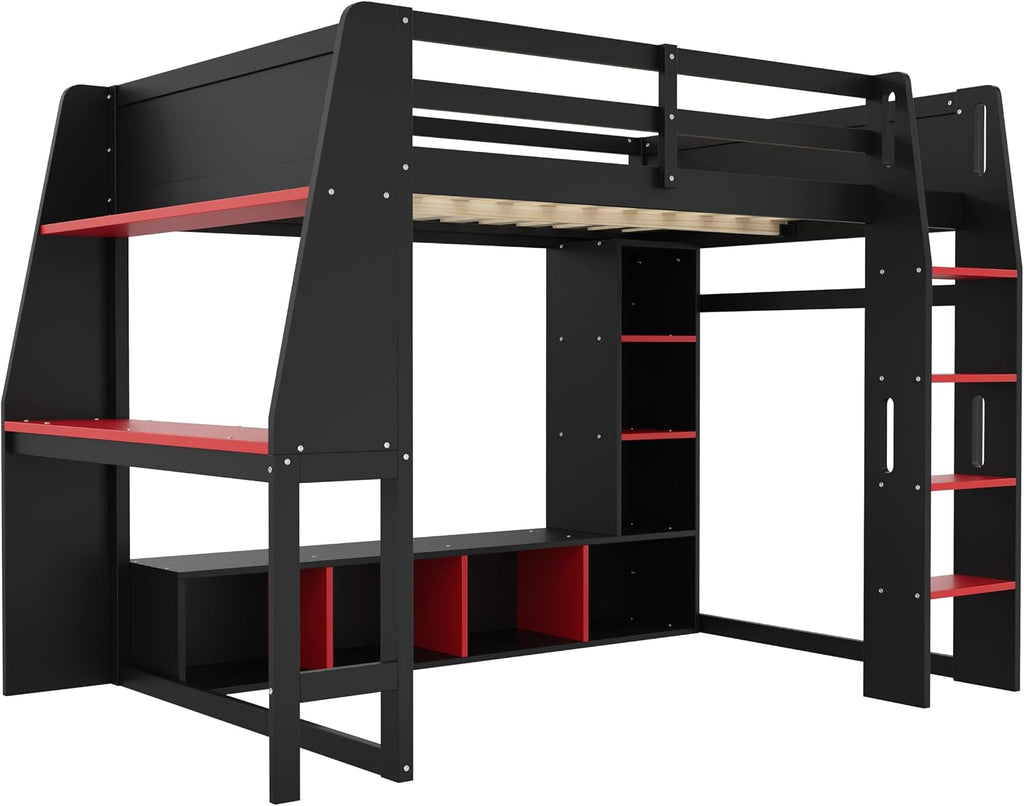 Solid Wood Gaming Loft Bed Full Size with Desk & Shelves & Hanging Rack & LED,Esports Design for PC & Console Gamers,Space Saving Loft Bed Frame with Guardrails & Ladder,No Box Spring Needed,Black