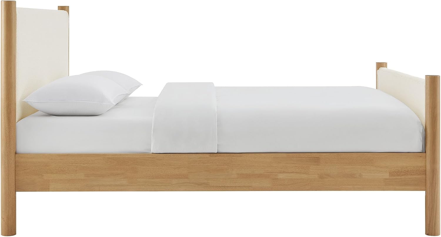 Modway Maven King Size Bed Frame in Feather Oak with Upholstered Boucle Headboard and Footboard – Wood King Platform Bed Frame – No Box Spring Needed