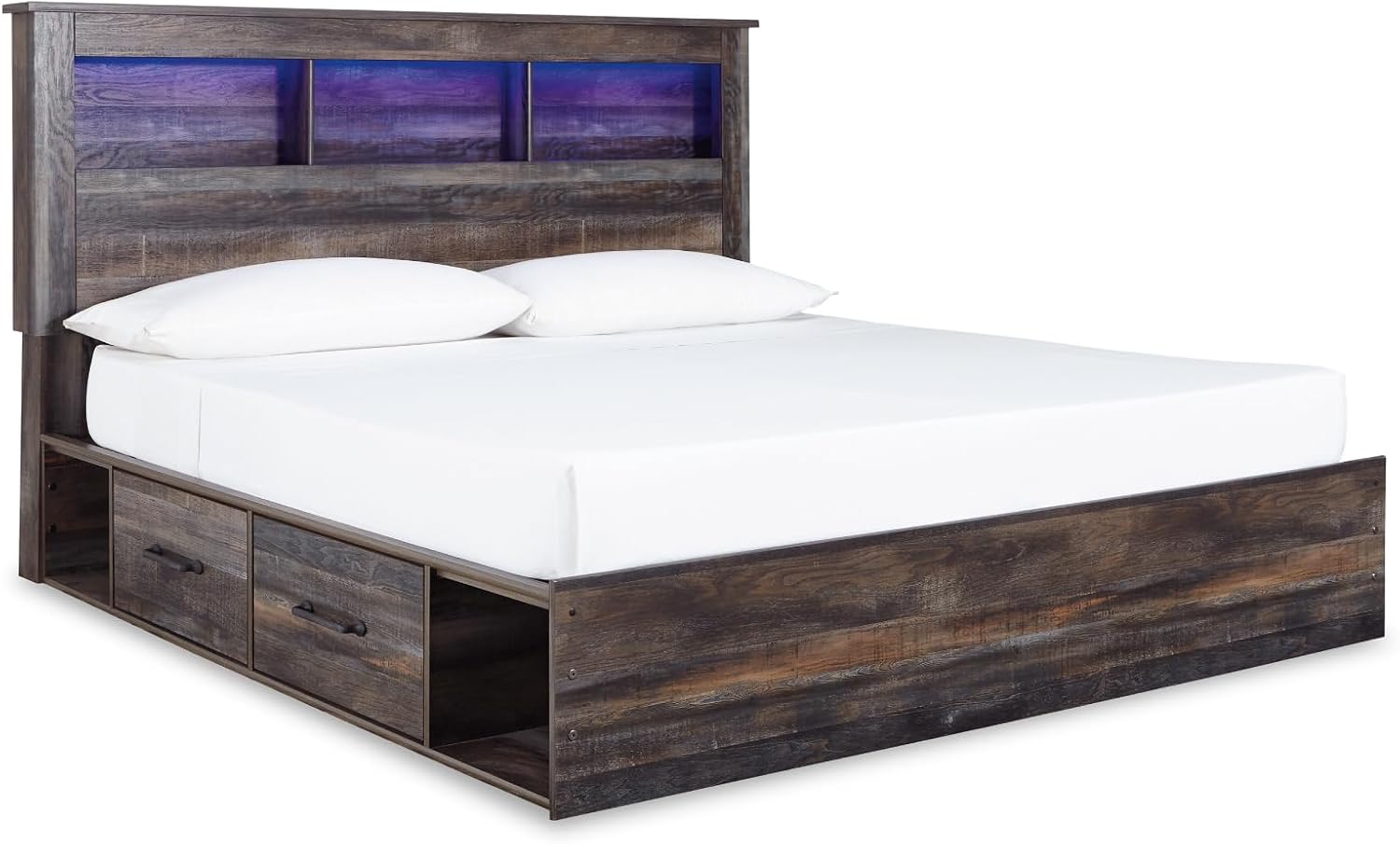 Signature Design by Ashley Drystan Rustic King Bookcase Bed with 2 Storage Drawers, Open Cubbies and LED Light, Foundation or Box Spring Not Needed, Dark Brown & Gray