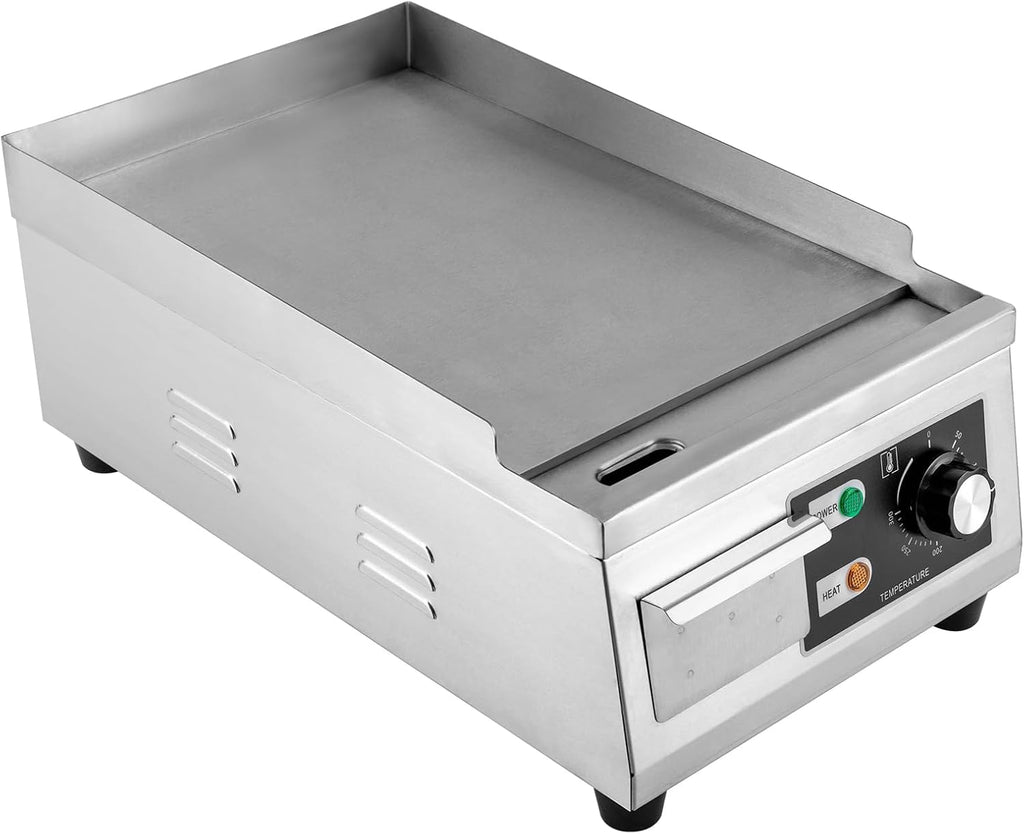 Electric Countertop Flat Top Griddle 110V 1300W Commercial Teppanyaki Grill 11'x15.7' Stainless Steel Commercial Flat Top Grill Thermostatic Control 122-572°F for Restaurant Kitchen