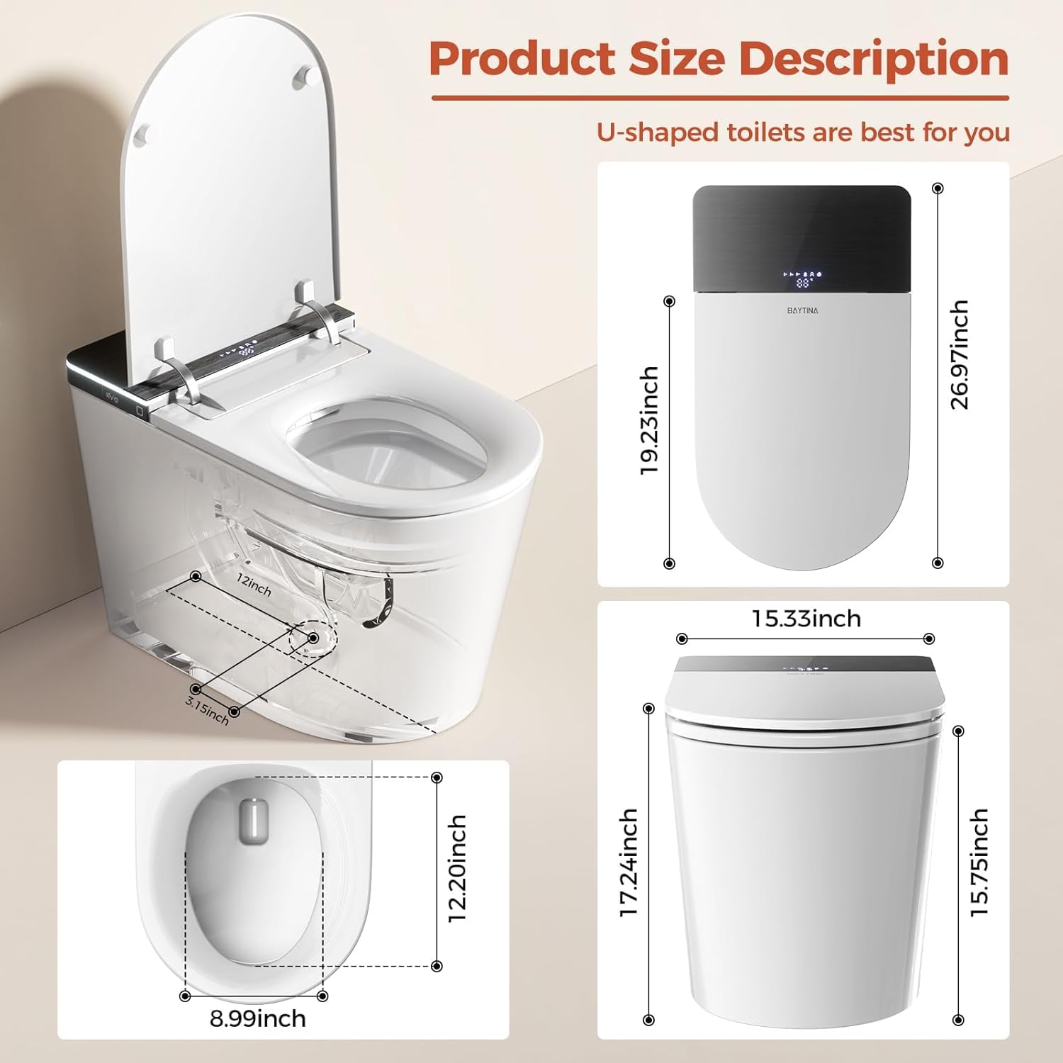 Smart Toilet with Auto Open/Close Lid - ADA Height Heated Seat, Warm Water Bidet, Dryer, Foam Shield, Night Light, Dual Auto Flush, Foot Sensor, Modern Elongated One-Piece Toilet for Bathrooms