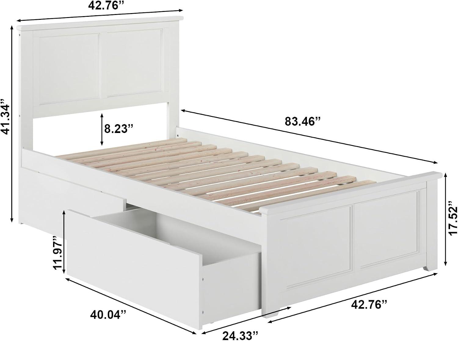 AFI, Madison Twin XL Platform Bed with Matching Footboard & Storage Drawers, White