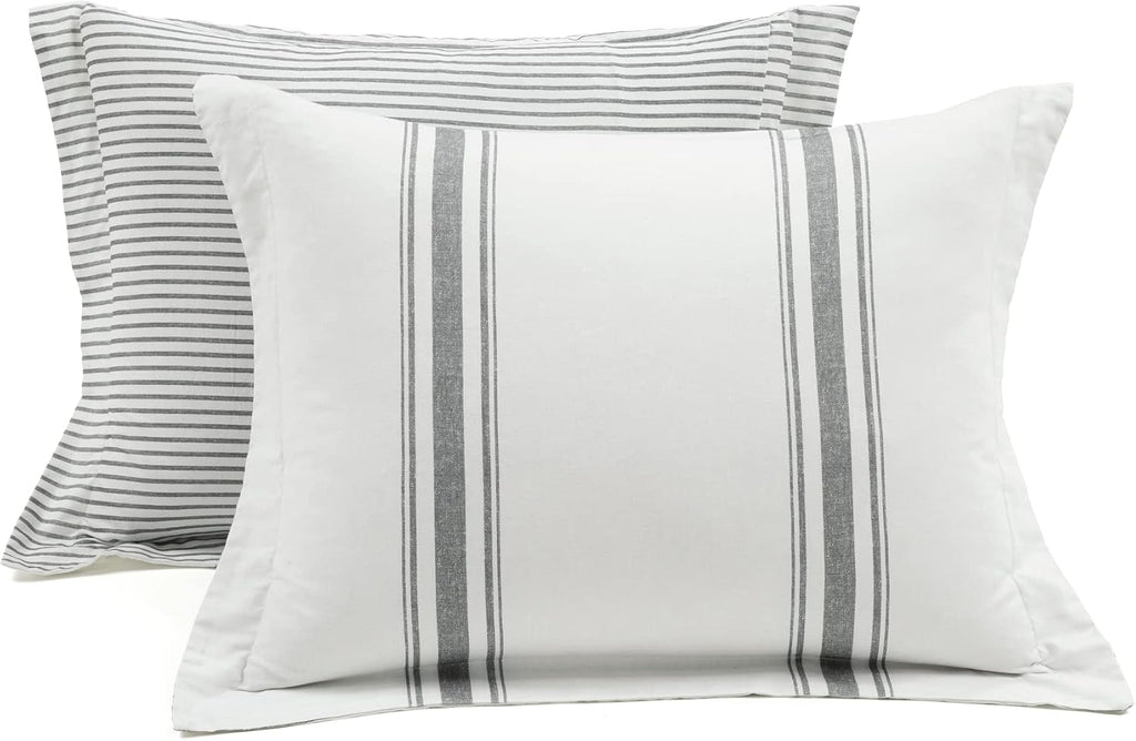 Lush Decor Farmhouse Stripe Reversible Cotton Comforter Set - 3 Piece Cozy Pinstripe Bedding Set - Classic Modern Rustic Charm Bedroom Decor - King, Dark Gray