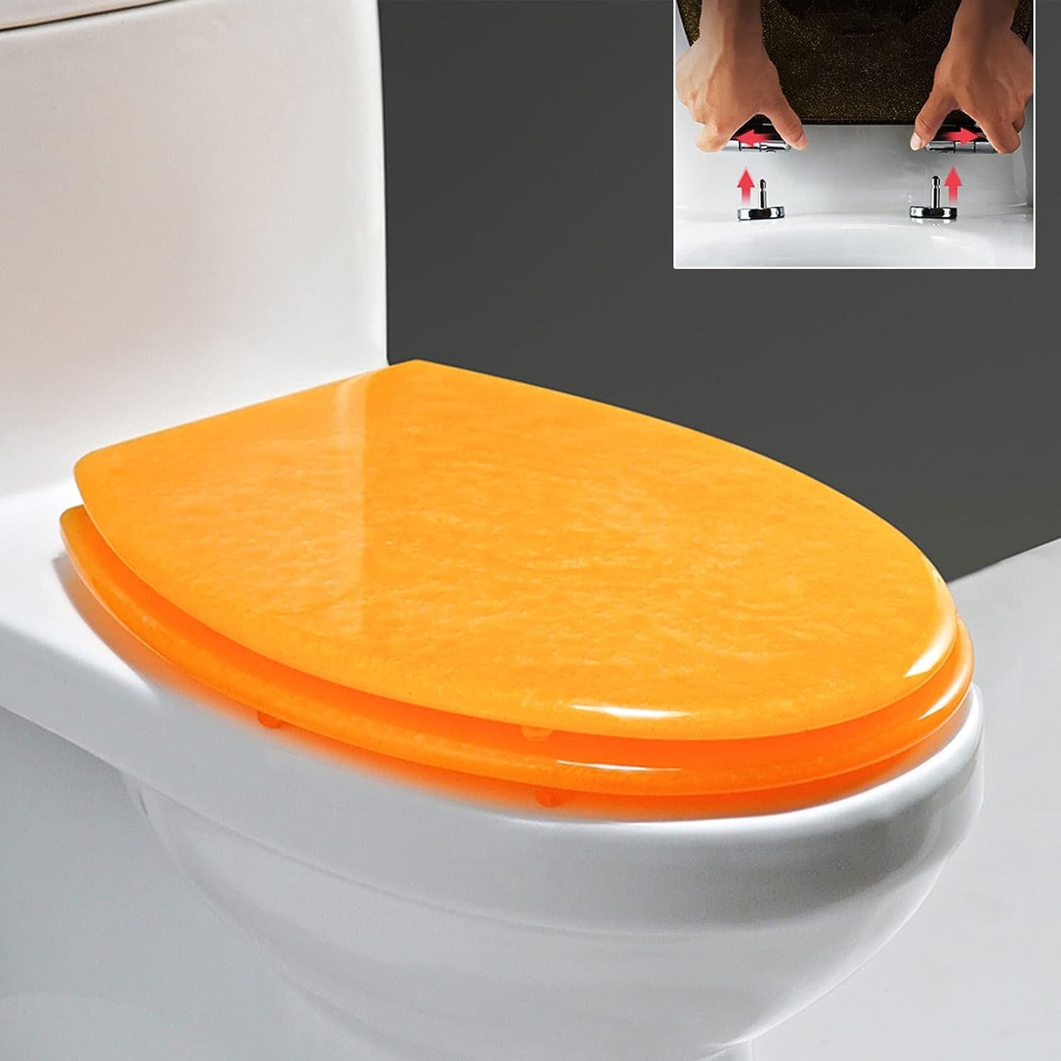 Glitter Resin Toilet Seat Elongated, Soft Close Quick Release, Easy Installation/Remove, Fit All Standard Oval-Shape (Orange)