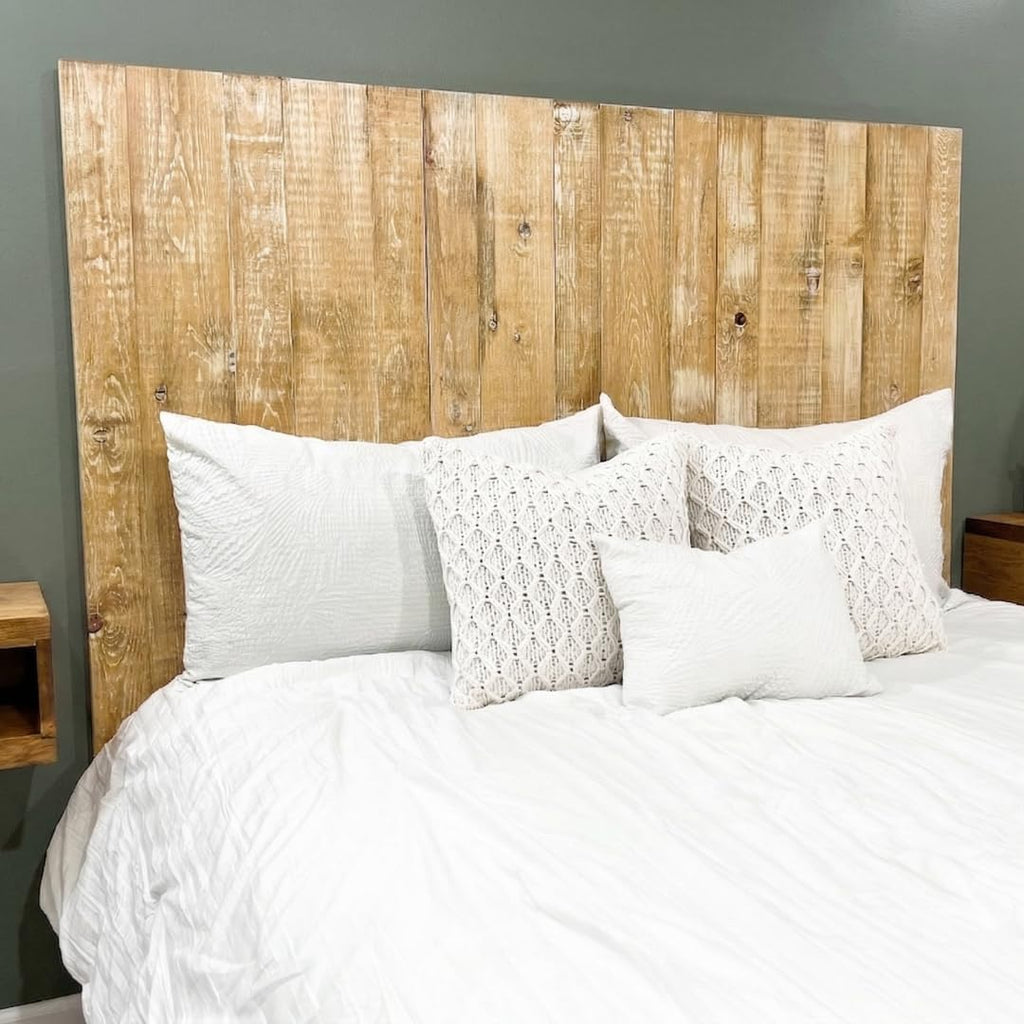 Barn Walls Boho Whitewash Headboard, Bohemian Design, Solid Wood Headboard, Floating Panels, Wall Mount, Adjustable Height, Easy Assembly, King Size