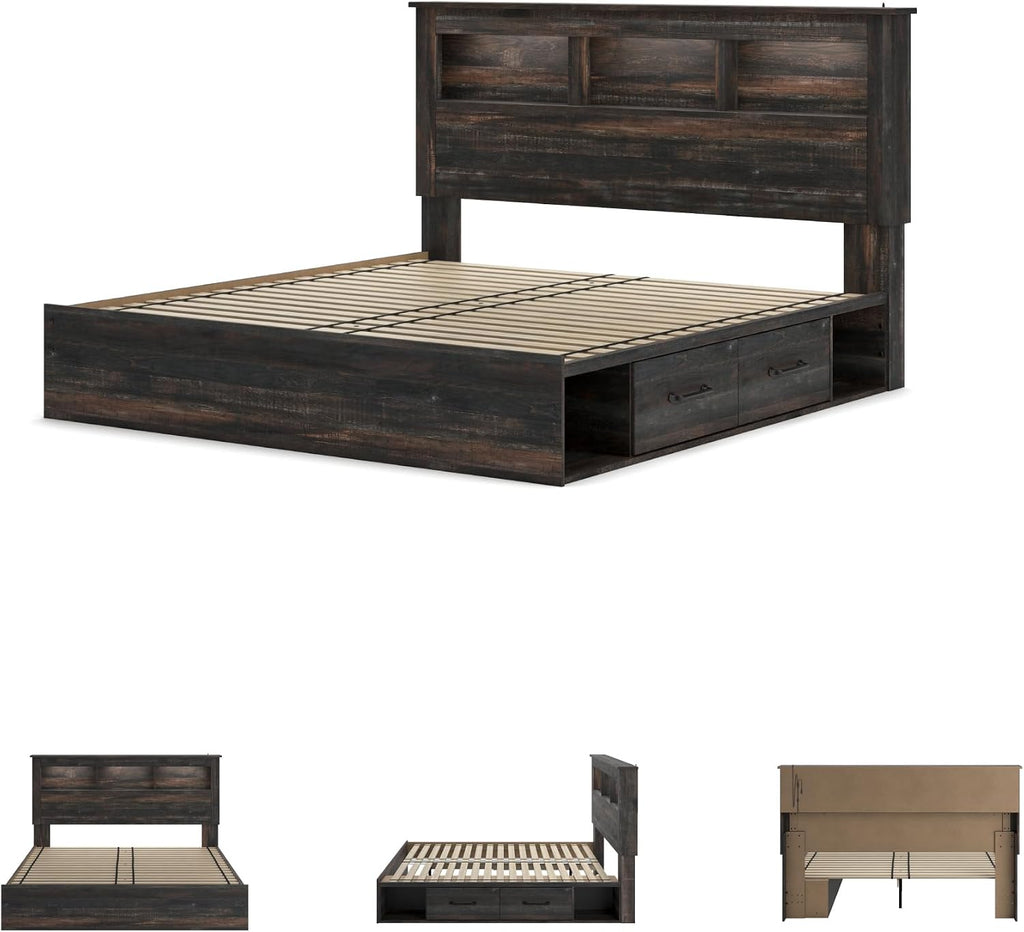 Signature Design by Ashley Drystan Rustic King Bookcase Bed with 2 Storage Drawers, Open Cubbies and LED Light, Foundation or Box Spring Not Needed, Dark Brown & Gray