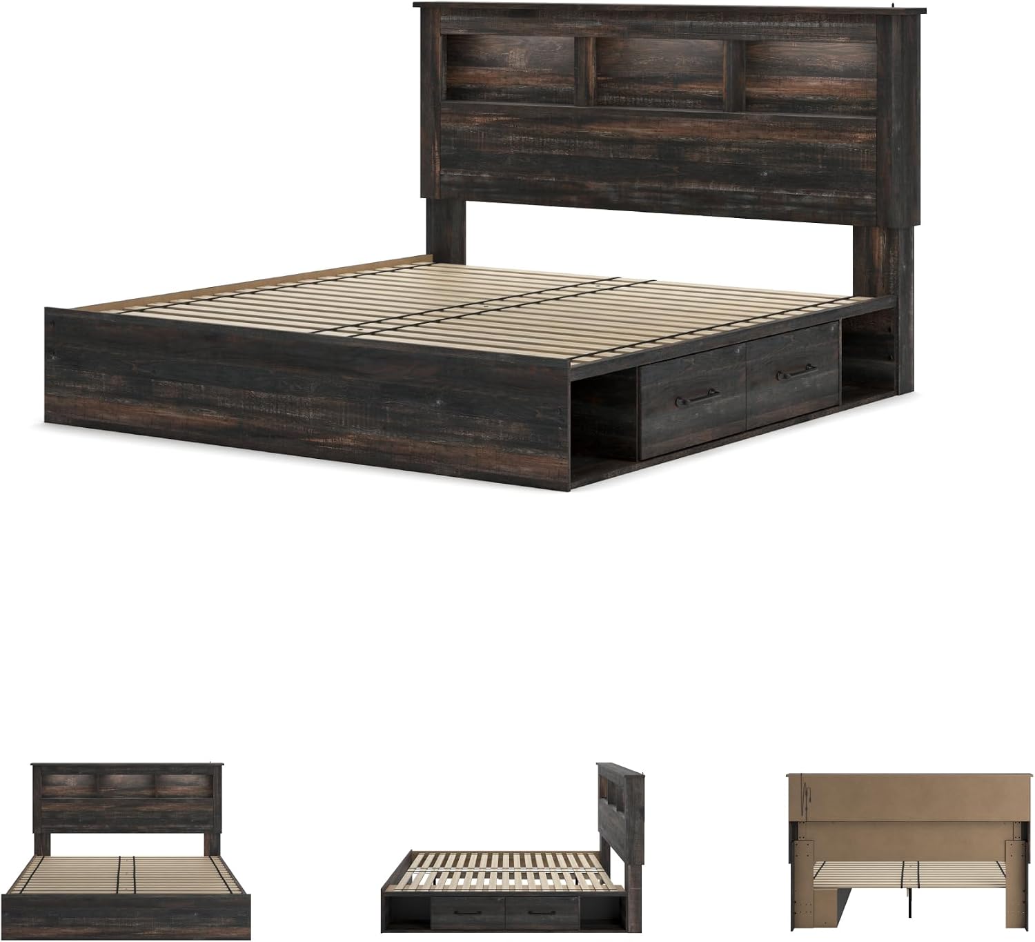 Signature Design by Ashley Drystan Rustic King Bookcase Bed with 2 Storage Drawers, Open Cubbies and LED Light, Foundation or Box Spring Not Needed, Dark Brown & Gray