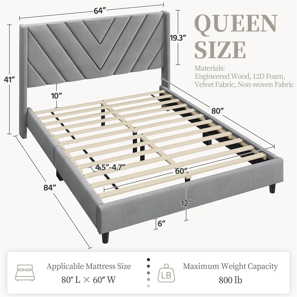 Yaheetech Queen Bed Frame Upholstered Platform Bed/Wooden Slat Support/Tufted Headboard with Wing Side/Mattress Foundation/No Box Spring Needed,Light Gray Queen