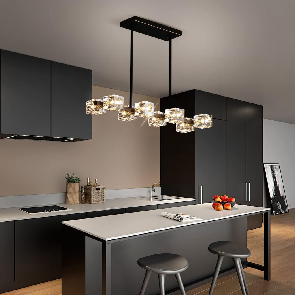 Modern Crystal Chandelier for Dining Room,Black and Gold Pendant Lights Fixture with 8-Lights,Adjustable Height Hanging Ceiling Light for Kitchen Island,Bedroom,Over Table,Living Room