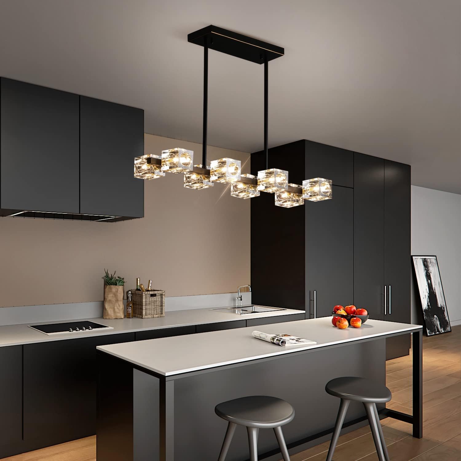 Modern Crystal Chandelier for Dining Room,Black and Gold Pendant Lights Fixture with 8-Lights,Adjustable Height Hanging Ceiling Light for Kitchen Island,Bedroom,Over Table,Living Room