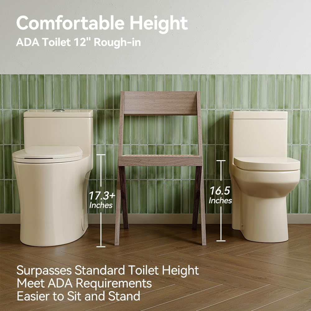 HOROW T0338WBC Elongated One Piece Toilet Bisque, ADA Toilet 17.3' with Comfortable Chair Height Seat, Modern Toilet for Bathroom, Dual Flush 0.8/1.28 GPF, 12' Rough-in Toilet Bowl Bisque