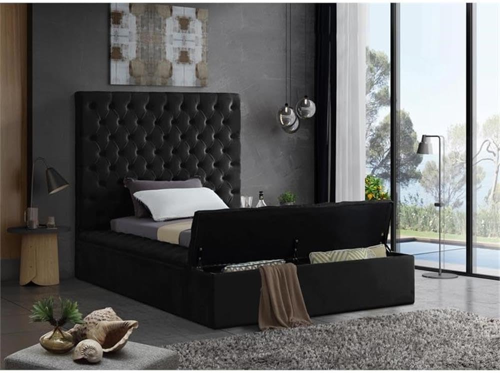 Pemberly Row Modern Solid Wood Tufted Velvet Twin Bed, Black Fabric, Deep Tufted Upholstery, Storage Rails and Footboard, Full Slats, No Box Spring Needed, 60.5' Headboard, Contemporary Bedroom