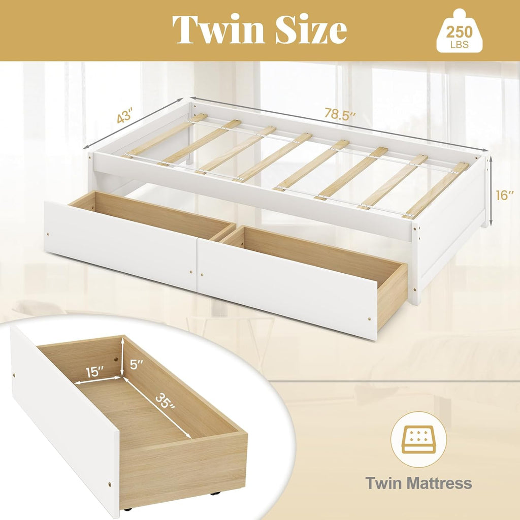 Giantex Twin Bed Frame with 2 Storage Drawers, Solid Wood Platform Bed with Slats Support, Heavy Duty Daybed with Storage, No Box Spring Needed, Twin Bed Frames for Kids Teens Adults Guests (White)