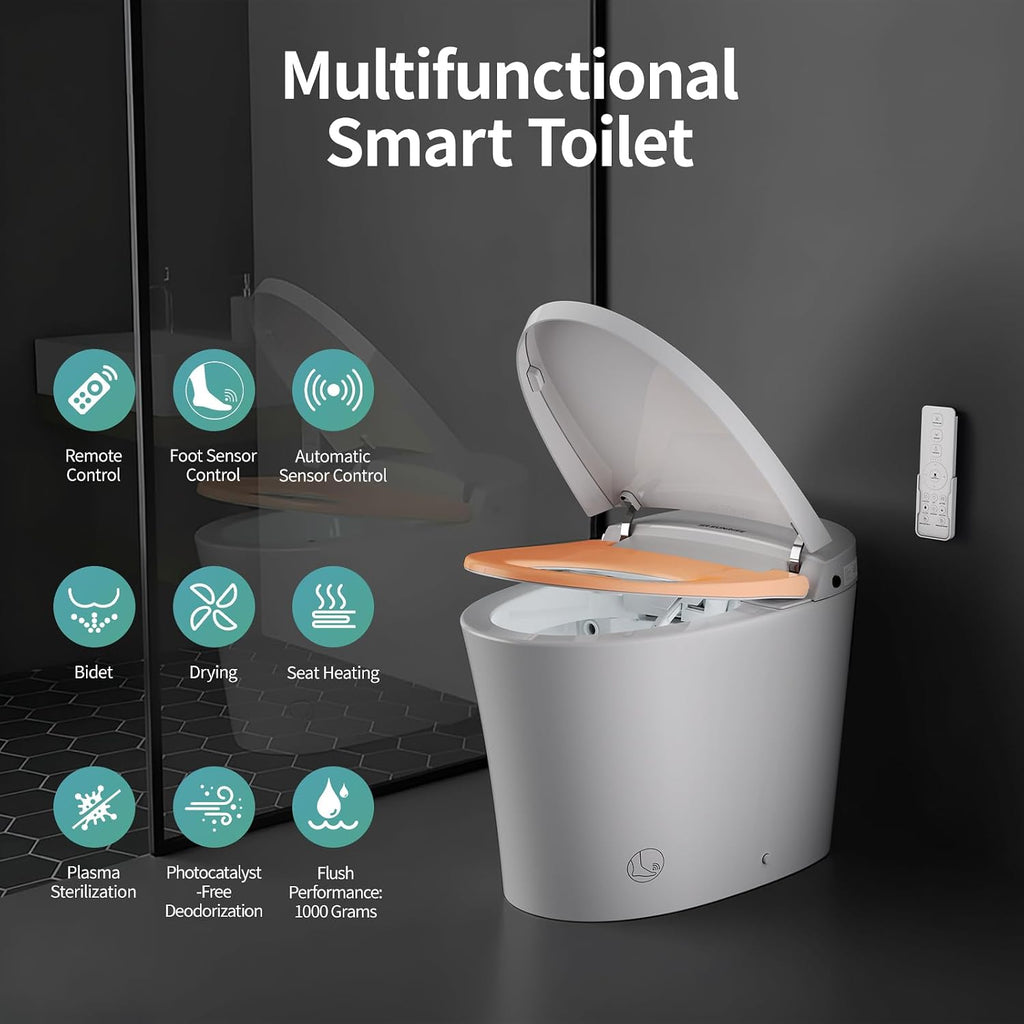 SR SUN RISE One Piece Smart Toilet with Bidet Built-in All in One Intelligent Electric Toilet with Adjustable Heated Seat,Drying,Powerful/Water-saving Flush,Deodorisation&Sterilisation for Bathroom