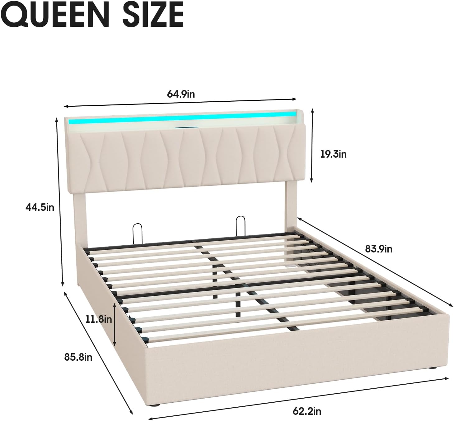 Fameill Queen Size Lift Up Storage Bed Frame with Adjustable Headboard, Charging Station, LED Lights, Wood Slats, Noise-Free, No Box Spring Needed, Beige