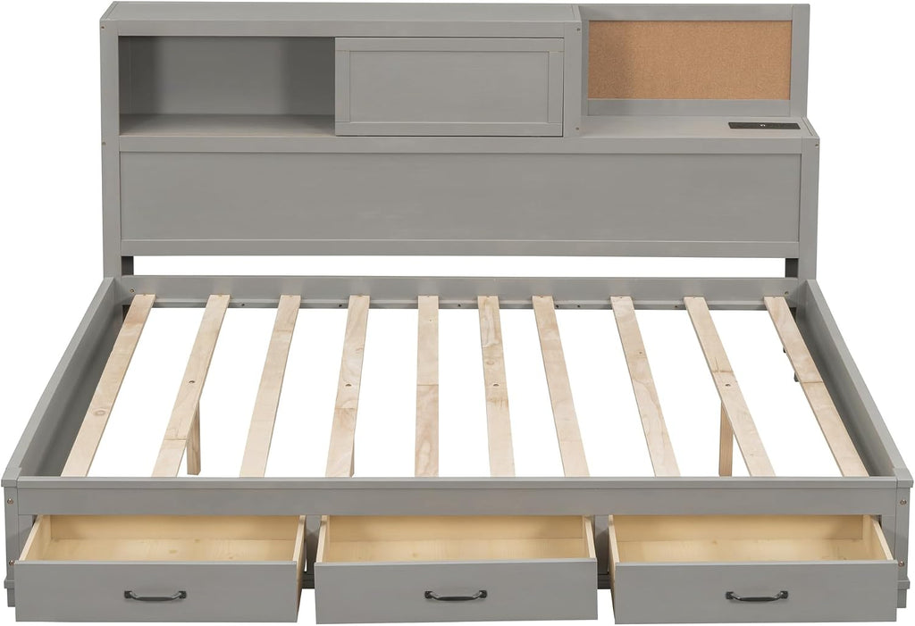 Merax Full Size Daybed with 3 Storage Drawers,Headboard with Shelf,A Set of Sockets and USB Ports,Grey
