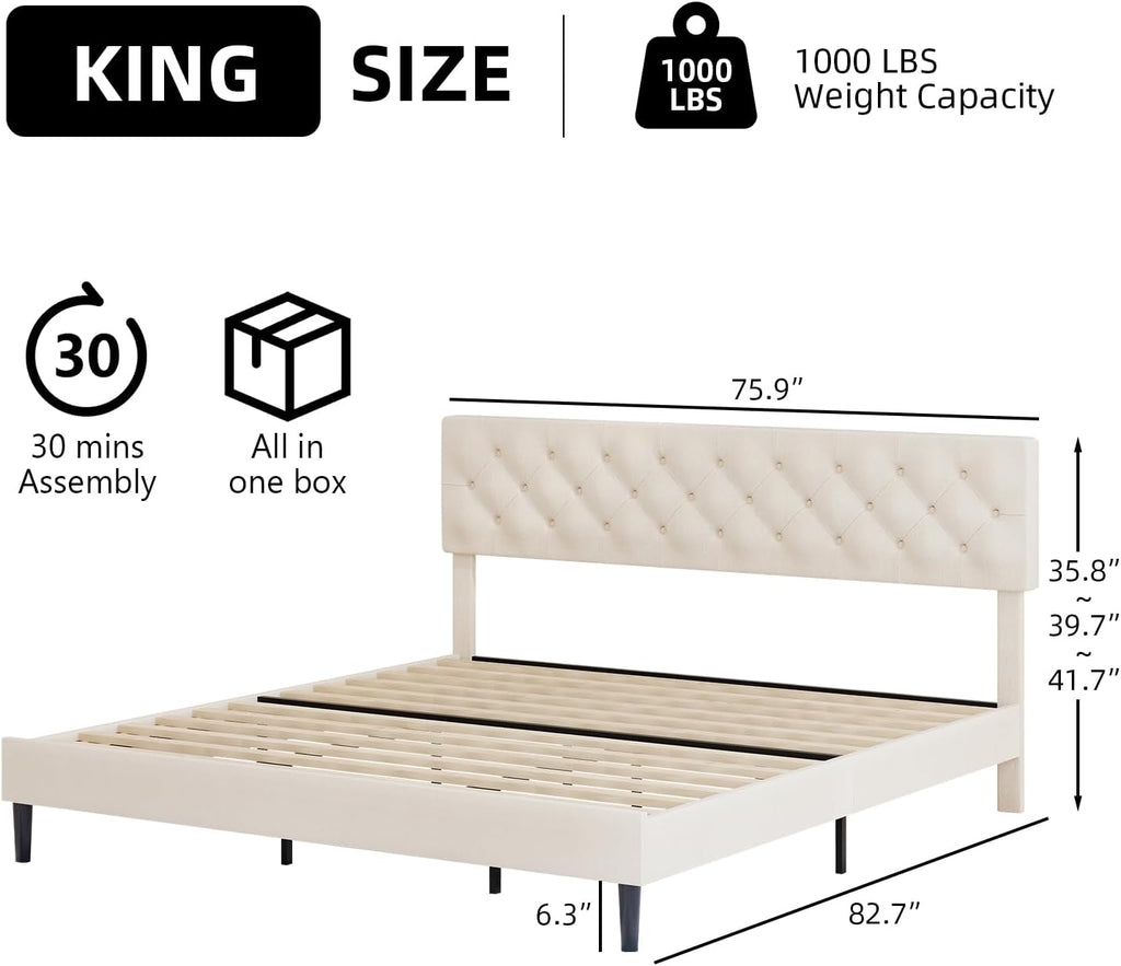 BarnFurin King Bed Frame, Upholstered Platform Bed with Button Tufted Headboard, Fabric Bed Frame with Wooden Slats Support, No Box Spring Required, Easy Assembly, Cream