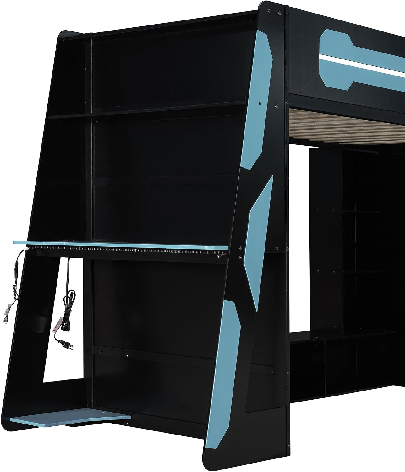 Bellemave Gaming Loft Bed with Desk and Lights, Twin Loft Bed with Storage Shelves and Work Station, Wood Loft Bed Frame for Kids, Boys, Girls, Teens, No Spring Box Needed & Dedicated Style, Blue