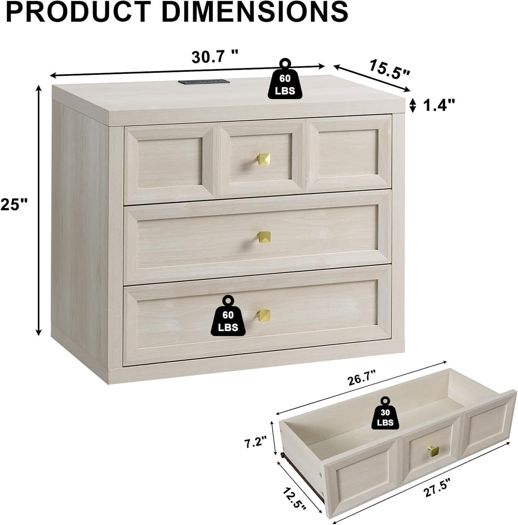 3 Drawers Nightstand Set of 2 W/Charging Station, 30.7' W King Size Bedside Table with 3 Drawers, Accent End Table W/Large Storage, Modern Wood Side Table for Bedroom,Office (2 Pieces, Beige)