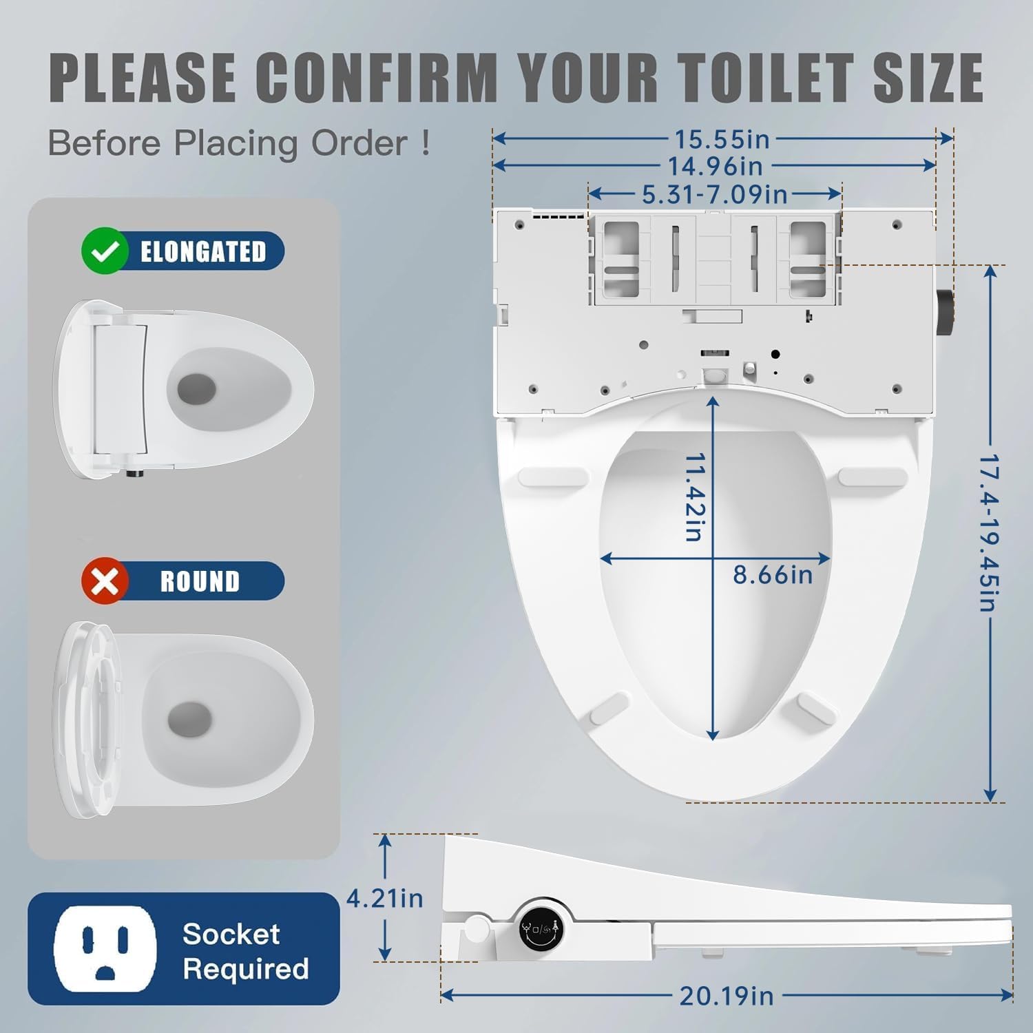 Elongated Electric Bidet Toilet Seat,Anti-Yellowing Material,Heated Seat with Warm Air Dryer & Instant Warm Water,Self-Cleaning Nozzle, Adjustable Pressure&Temp,Soft Close Lid,Wireless Remote