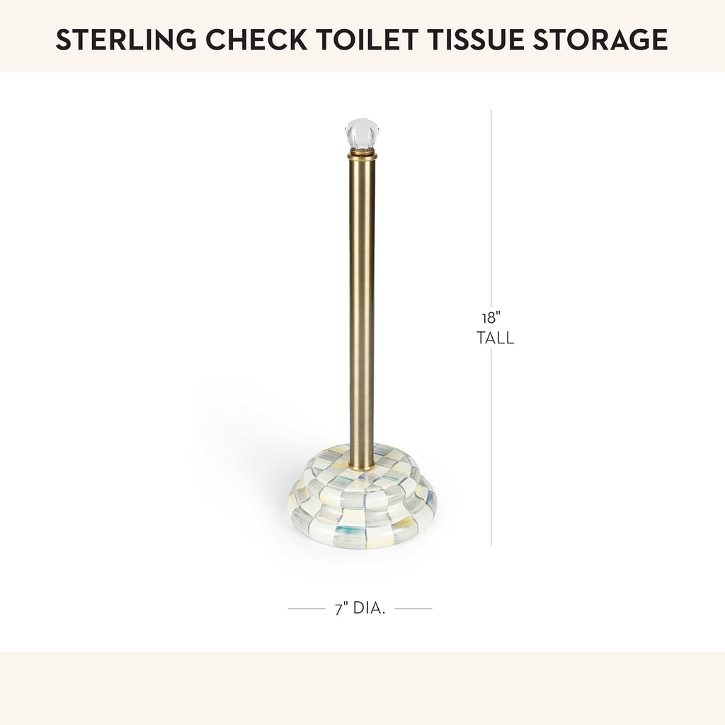 MACKENZIE-CHILDS Enamel Toilet Tissue Storage, Decorative Toilet-Paper Holder Stand for Bathroom, Gray-and-White Sterling Check