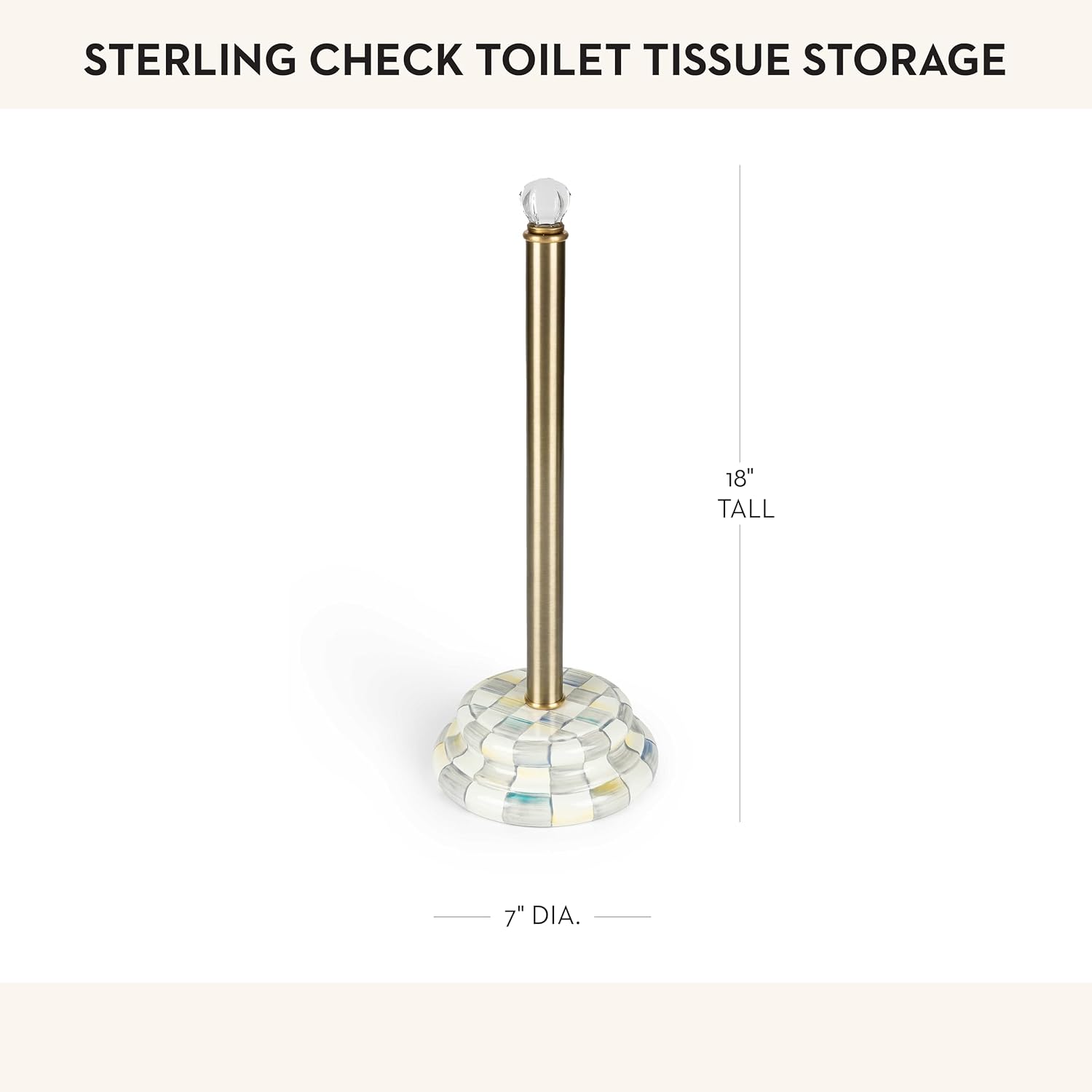 MACKENZIE-CHILDS Enamel Toilet Tissue Storage, Decorative Toilet-Paper Holder Stand for Bathroom, Gray-and-White Sterling Check