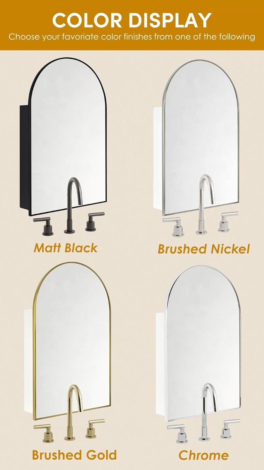 TEHOME 20 x 30'' Polished Nickel Arched Bathroom Medicine Cabinet with Mirror Recessed and Surface Mount Medicine Cabinet Mirror