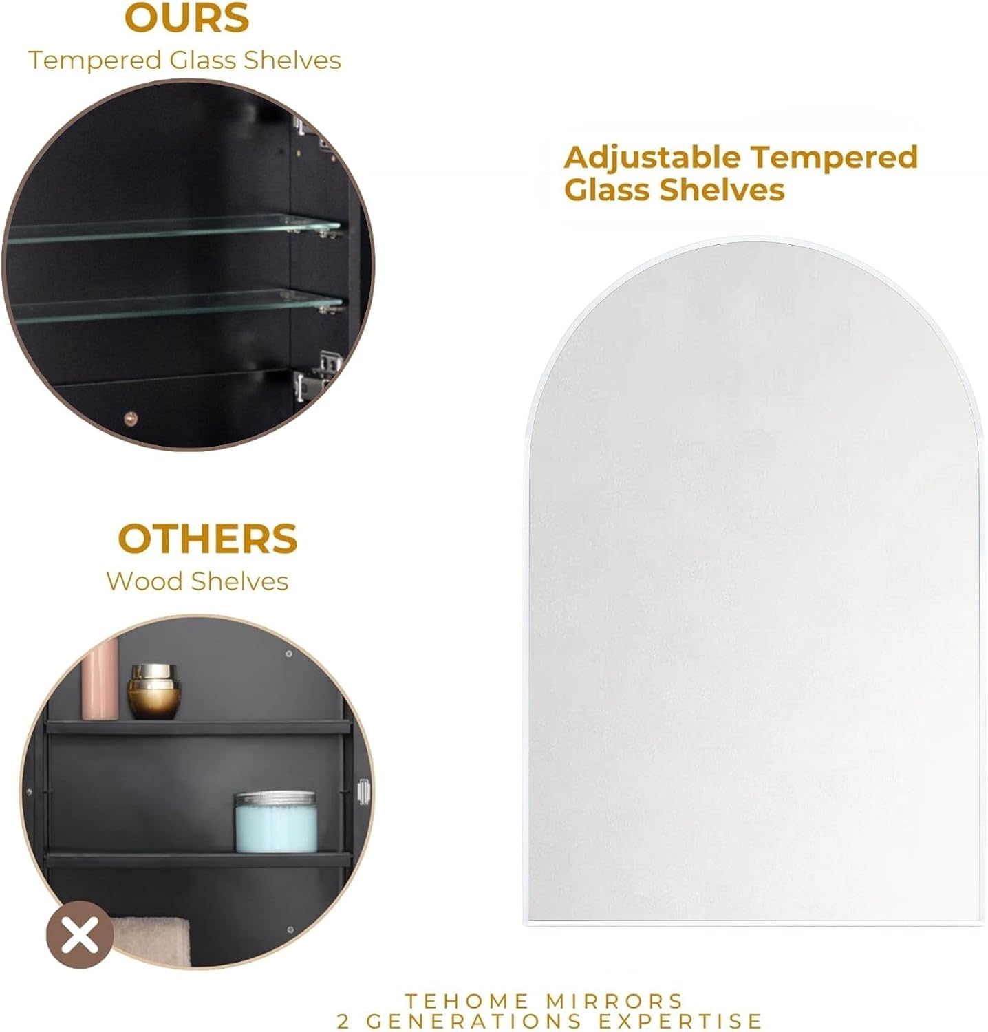 TEHOME 24 x 36'' Chrome Arch Bathroom Medicine Cabinet with Mirror Recessed and Surface Mounted Chrome Medicine Cabinet Mirror