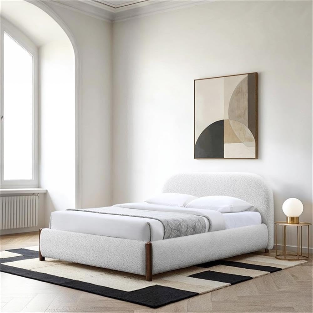 Pemberly Row Upholstered Platform Queen Bed, White Cream Boucle Fabric, Solid Wood Legs, Curved Headboard, Wooden Slat Base, No Box Spring Needed, Modern Bedroom Furniture, 69.5'W x 87.8'D x 38.2'H