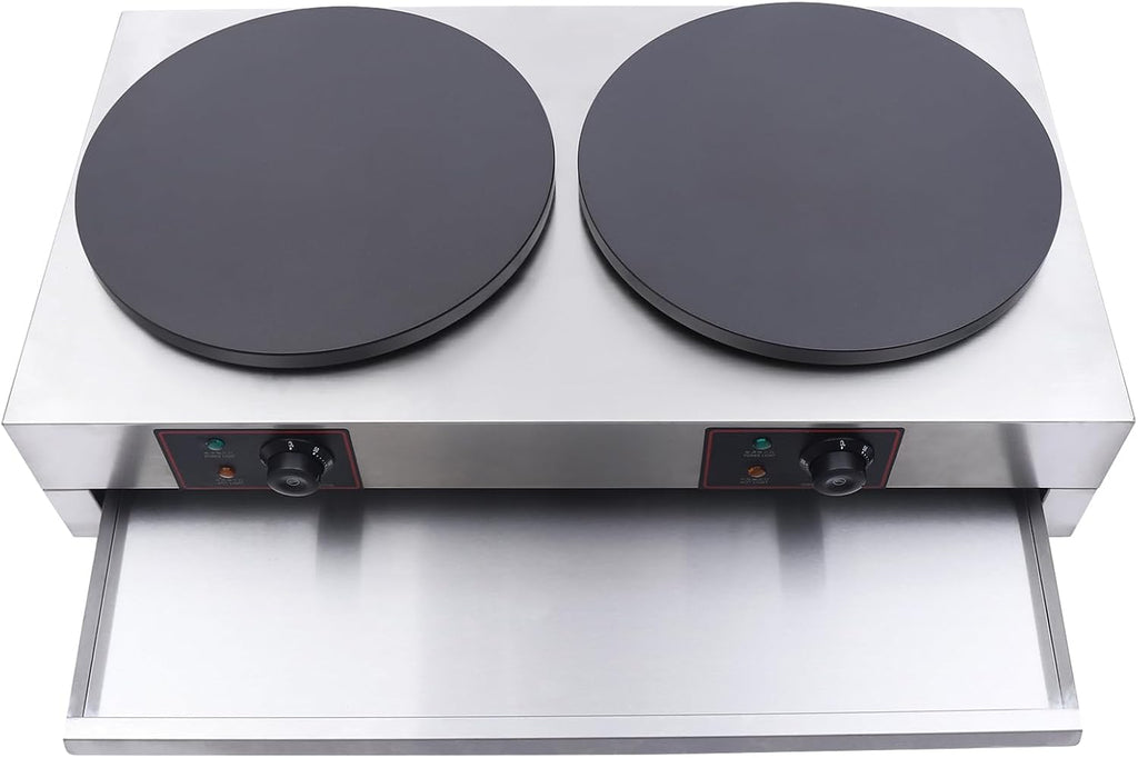 Commercial 2-Burner 15.75 ' Electric Griddle & Crepe Maker Machine Electric Crepe Maker with Adjustable Temperature forof crepes, pancakes, etc. ,Non-Stick Crepe Pan & Spatula