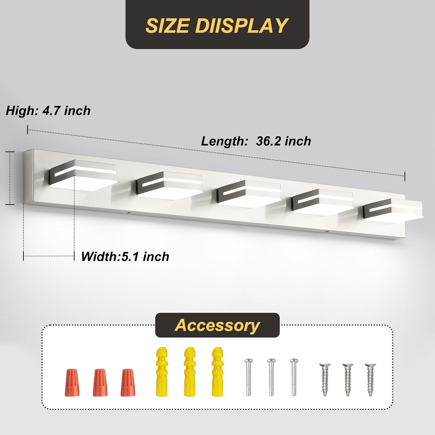 OKELI 5 Light Bathroom Vanity Light Brushed Nickel Modern 36W LED Dimmable Vanity Light Over Mirror 350° Adjustable Lamp Head Cold White 6000K ETL Listed 36.2Inch