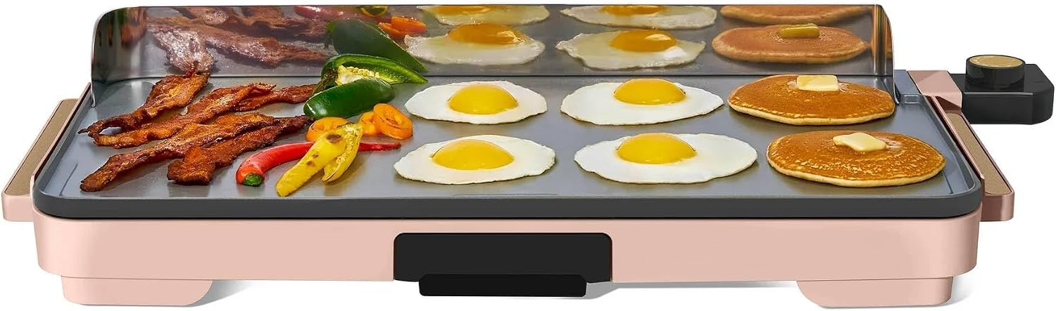 XL Electric Griddle 12' x 22' – Non-Stick, Family Size, Adjustable Temperature, Removable Drip Tray (Rose)