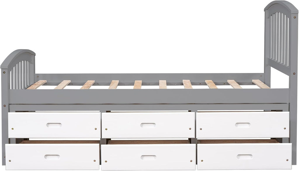 Merax Twin Size Platform Storage Bed Solid Wood Bed with 6 Drawers, Grey+ White