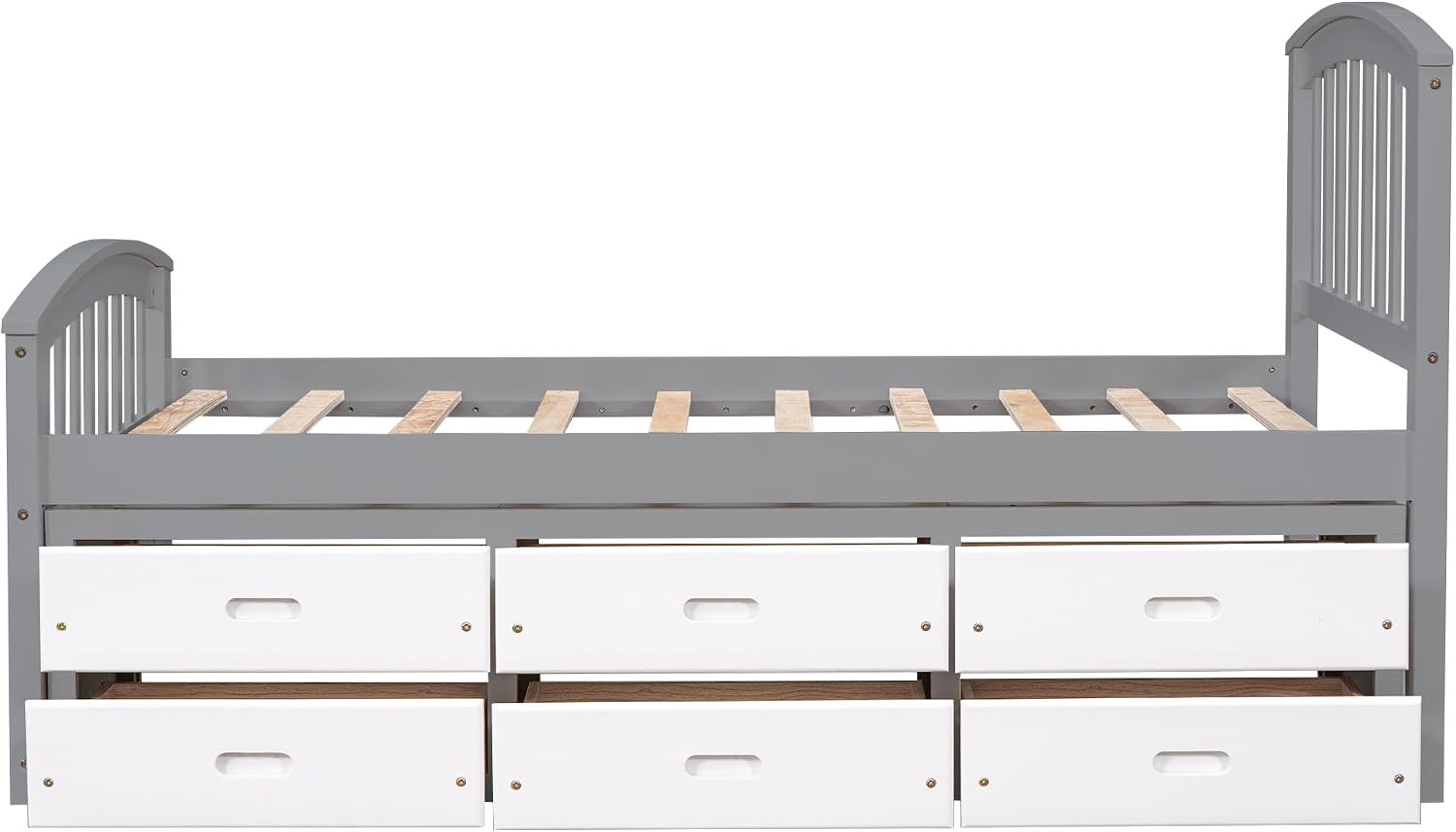 Merax Twin Size Platform Storage Bed Solid Wood Bed with 6 Drawers, Grey+ White
