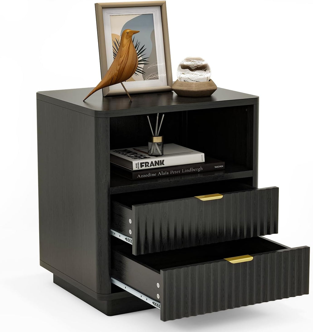 ROCSUMOO Black Nightstands Set of 2, Fluted Nightstands with 2 Drawers and Open Shelves, Large Wooden Night Stands Modern Design Night Stand for Bedroom Sofa Office (2, Black)