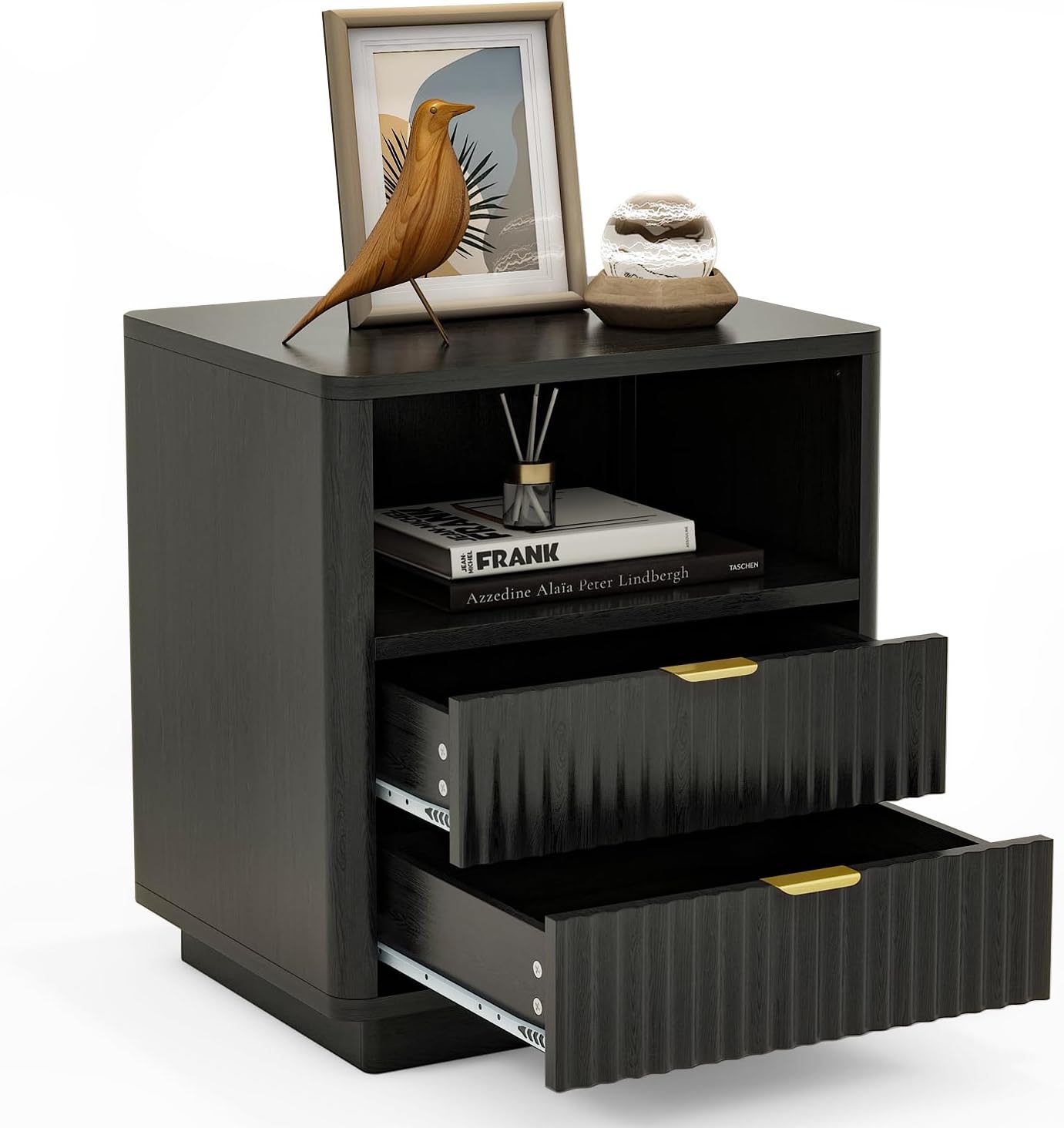 ROCSUMOO Black Nightstands Set of 2, Fluted Nightstands with 2 Drawers and Open Shelves, Large Wooden Night Stands Modern Design Night Stand for Bedroom Sofa Office (2, Black)