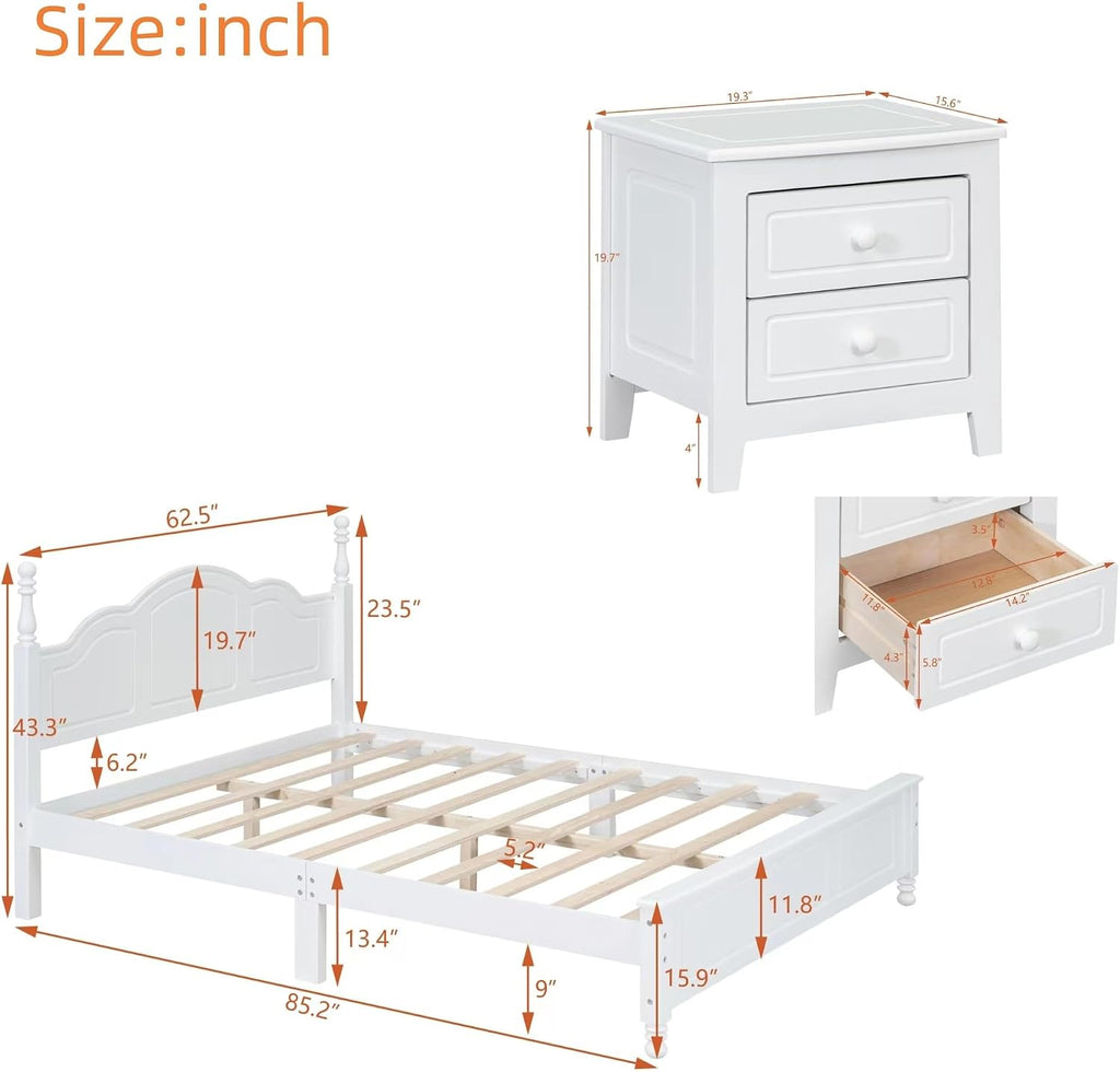 Harper & Bright Designs 3 Pieces Queen Bedroom Sets, Wooden Queen Size Platform Bed Frame with 2 Nightstands, Retro Design Queen Bedroom Furniture Sets, Easy to Assemble,White