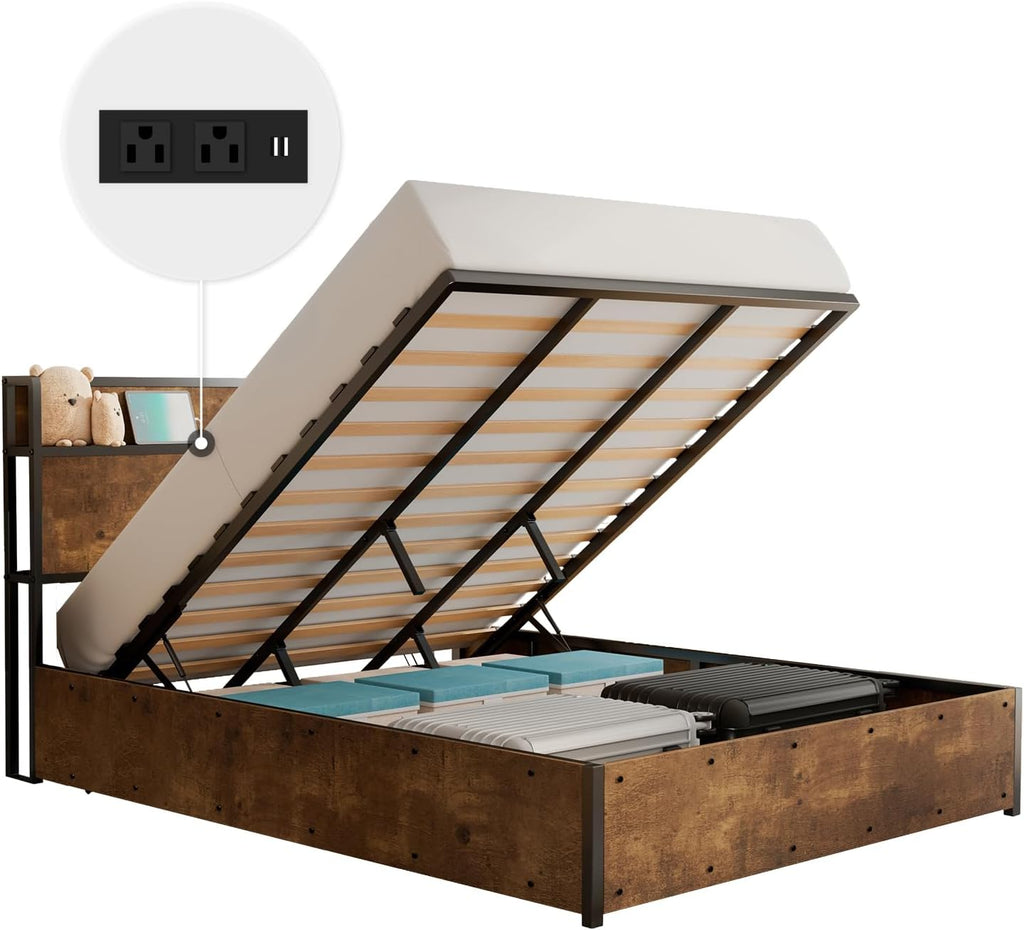LUXOAK Full Size Lift Up Storage Bed, Wood Platform Bed Frame with Storage Headboard & Charging Station, No Box Spring Needed, Easy Assembly, Rustic Brown