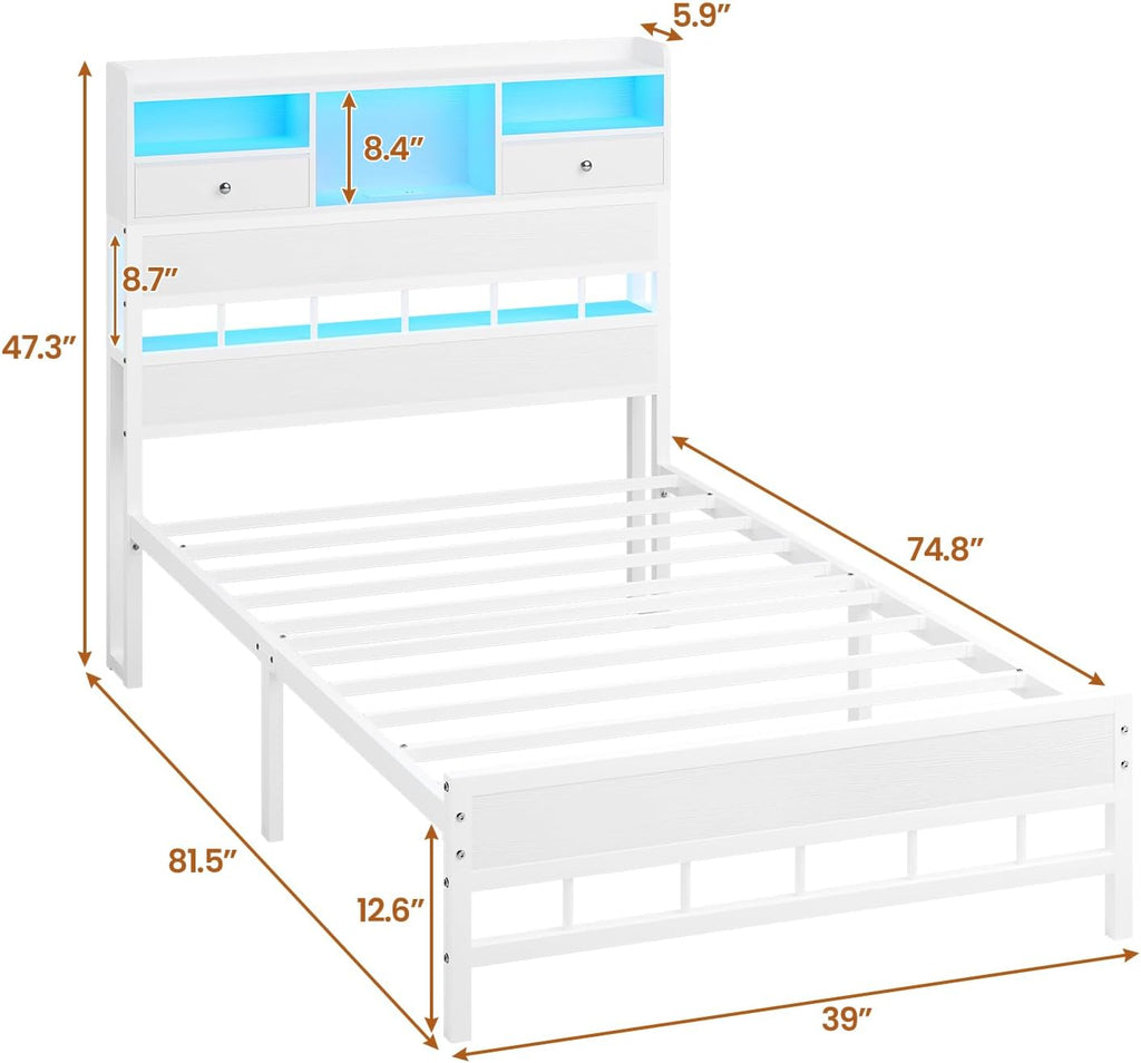 BTHFST Twin Bed Frames with Headboard & Charging Station, LED Bed Frame Twin with 5 Storage Shelves & 2 Fabric Drawers, Platform Bed Frames for Kids, No Box Spring Needed, White