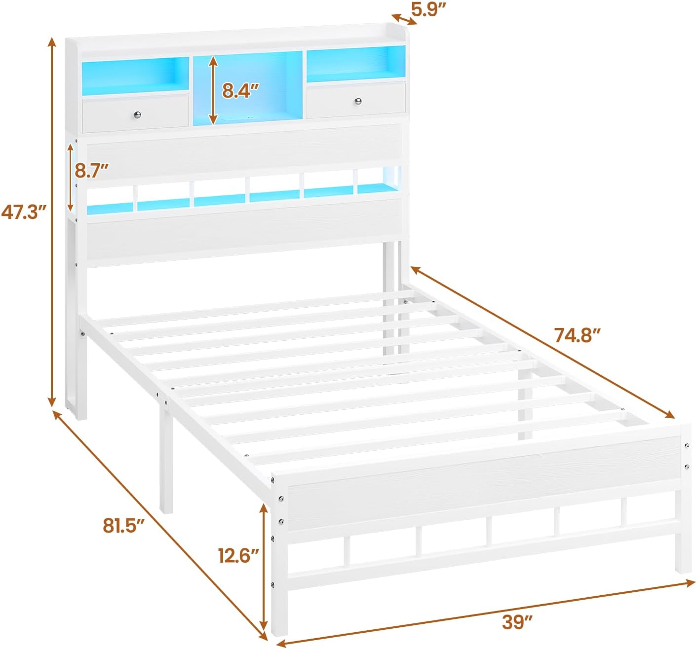 BTHFST Twin Bed Frames with Headboard & Charging Station, LED Bed Frame Twin with 5 Storage Shelves & 2 Fabric Drawers, Platform Bed Frames for Kids, No Box Spring Needed, White