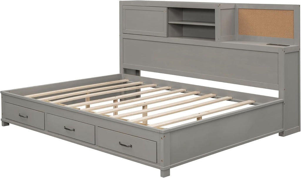 Merax Full Size Daybed with 3 Storage Drawers,Headboard with Shelf,A Set of Sockets and USB Ports,Grey