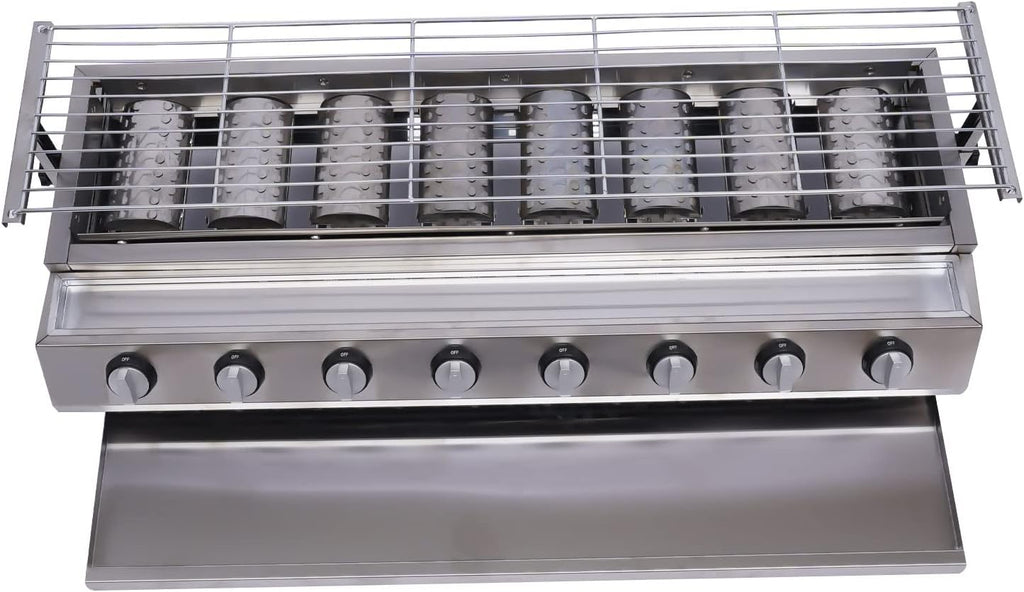 Commercial 8 Burner Gas Countertop Griddle with Smokeless Yakitori Grill, Adjustable Height LPG Propane Indoor Griddle, Removable Grill Net