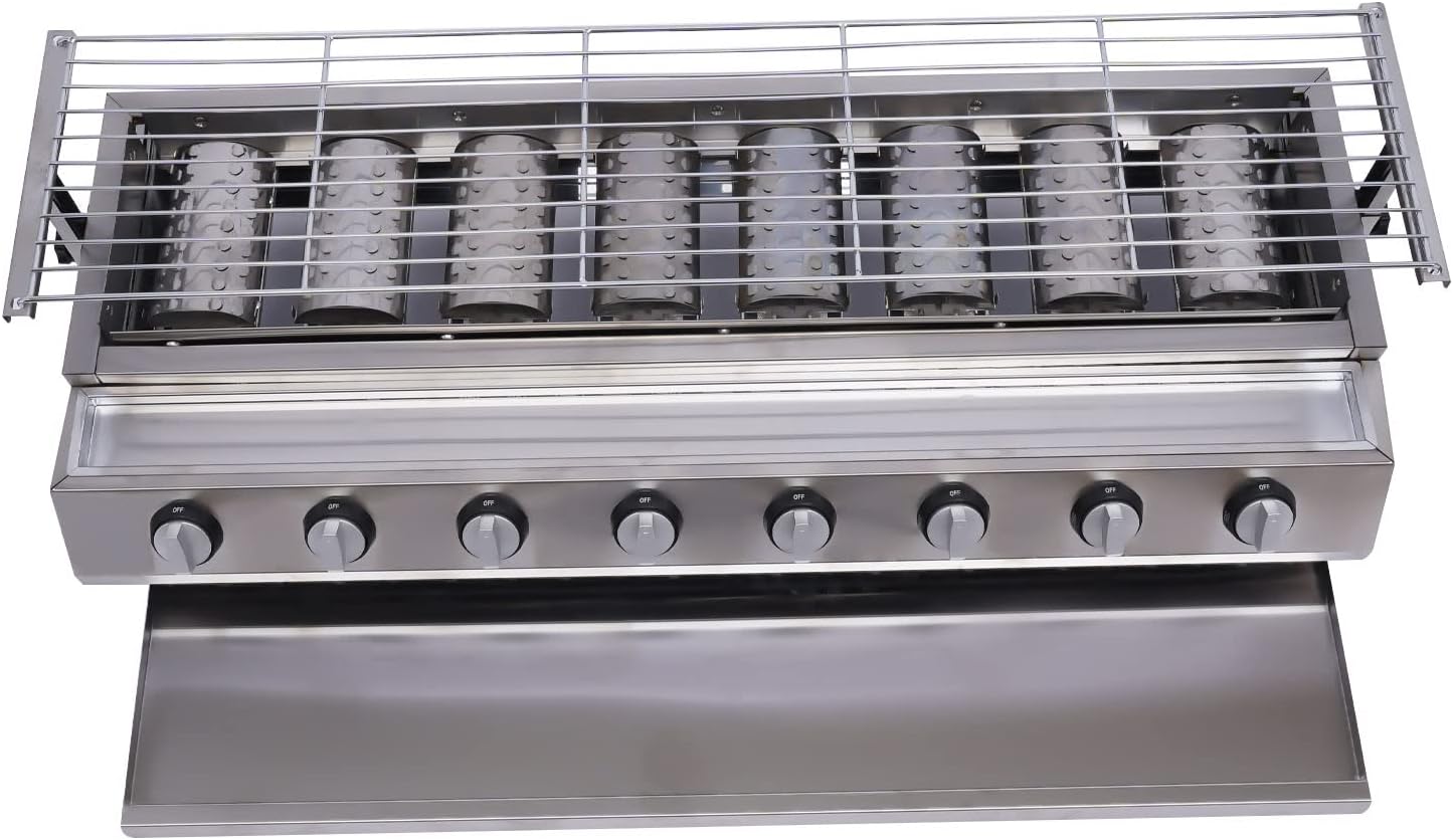 Commercial 8 Burner Gas Countertop Griddle with Smokeless Yakitori Grill, Adjustable Height LPG Propane Indoor Griddle, Removable Grill Net