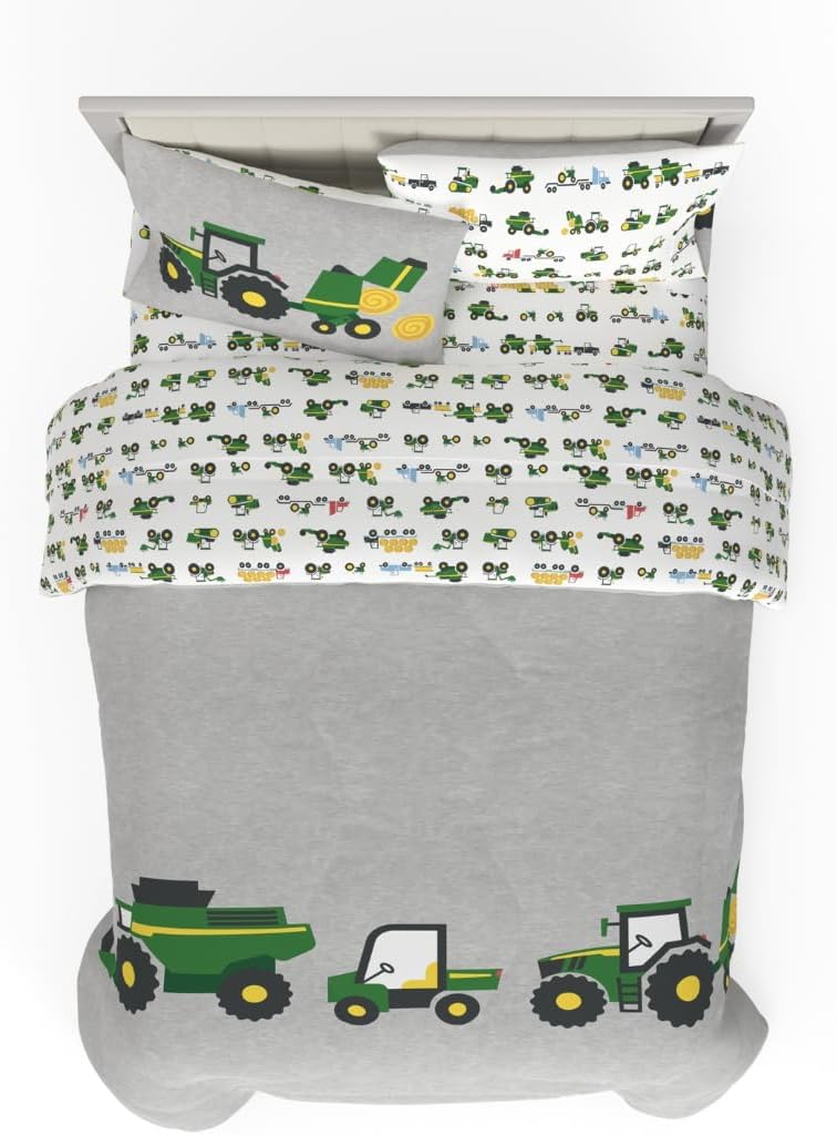 Franco Kids John Deere Farm Equipment Bedding 5 Piece Super Soft Comforter and Sheet Set, Queen, (Officially Licensed Product)
